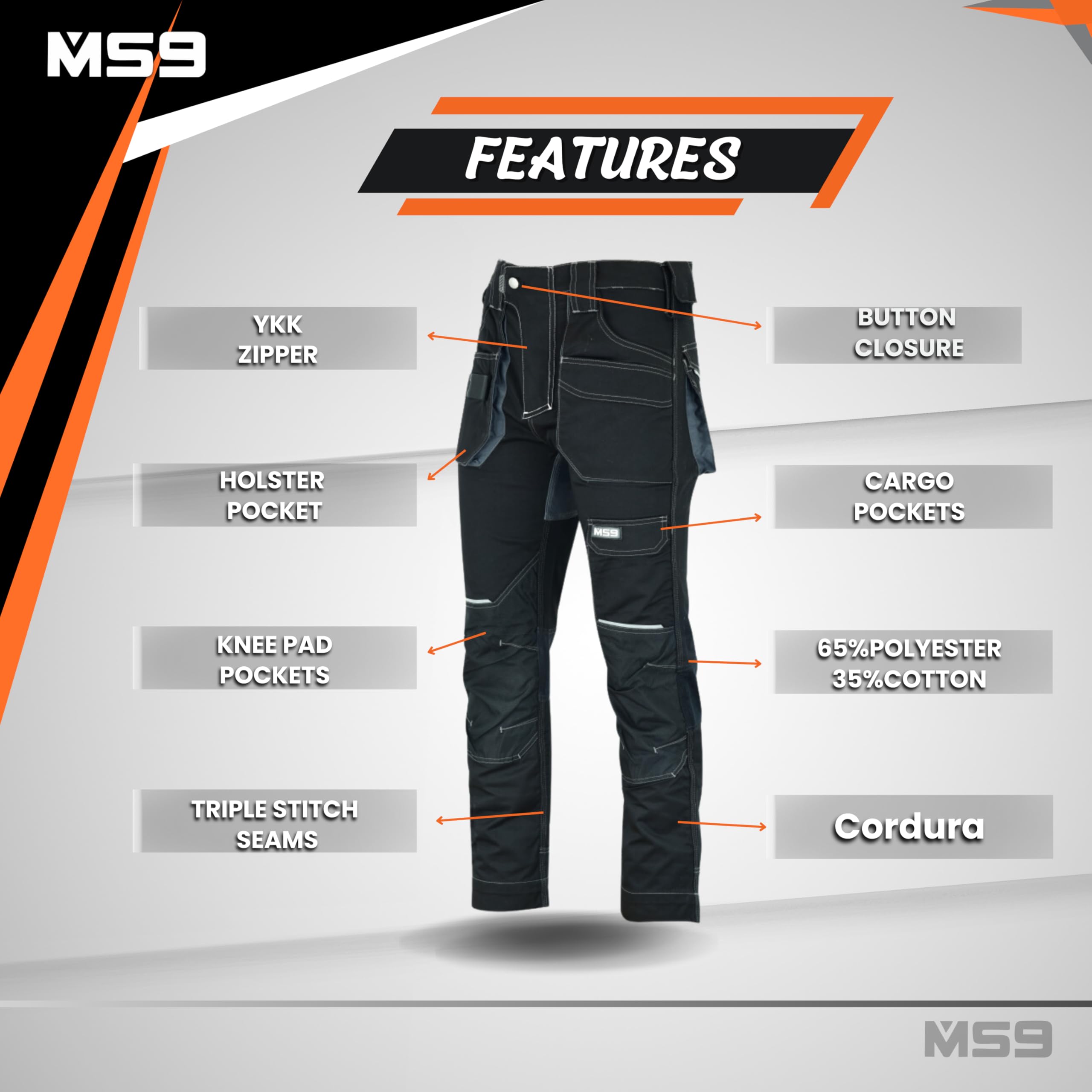 MS9 Men's Cargo Slim Fit Stretch Work Pants - Elastic Waist Comfortable Spandex Jeans for Outdoor, Hiking & Casual Wear