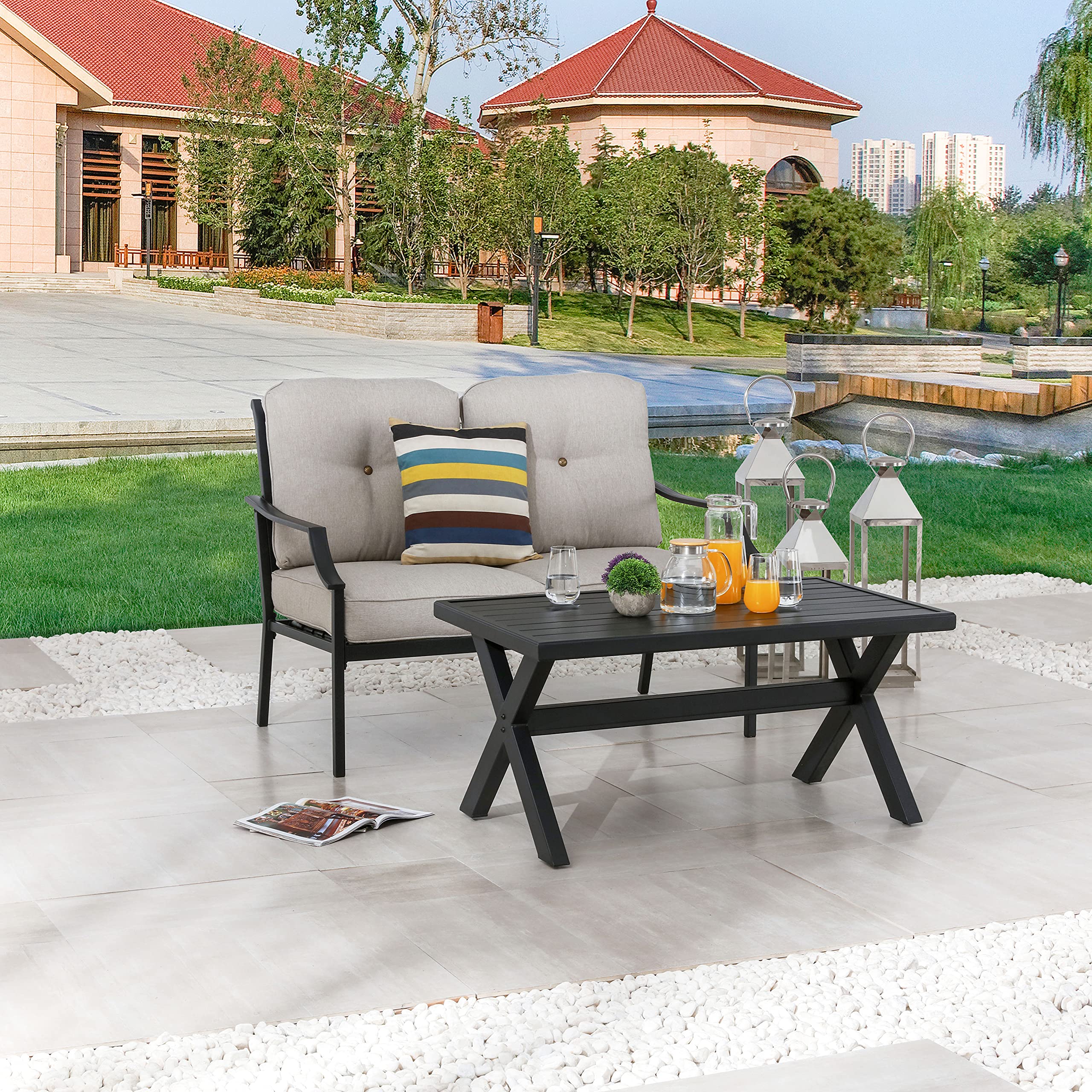 LOKATSE HOME Outdoor Loveseat and Coffee Table Set - Weather-Resistant Metal Patio Furniture with Cushions for Poolside, Backyard, Garden, or Lawn - Beige Conversation Set for Relaxing & Entertaining
