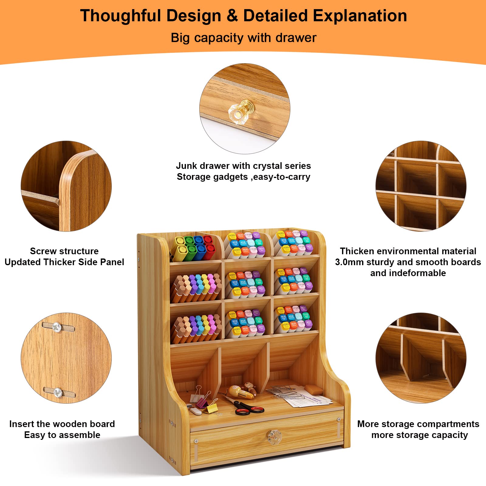 Premium Wooden Pen Organizer with Drawer - DIY Desk Stationery Holder for Home & Office Supplies | Cherry Finish | Perfect for Artists, Writers & Students