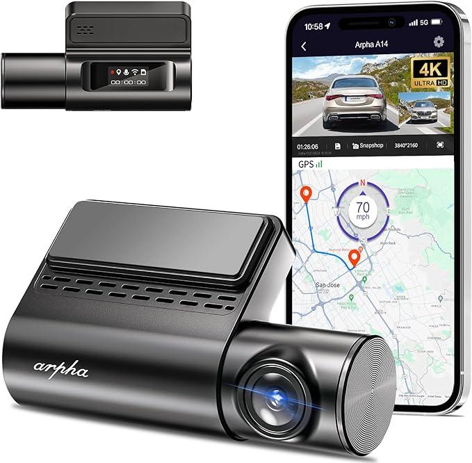 Arpha A14 1CH 4K Dash Camera with Voice Control & 24H Parking Mode - Front Car Camera for Night Vision, Loop Recording, G-Sensor, Wide Angle Driving Recorder - Perfect for Uber, Taxi, Fleet Vehicles