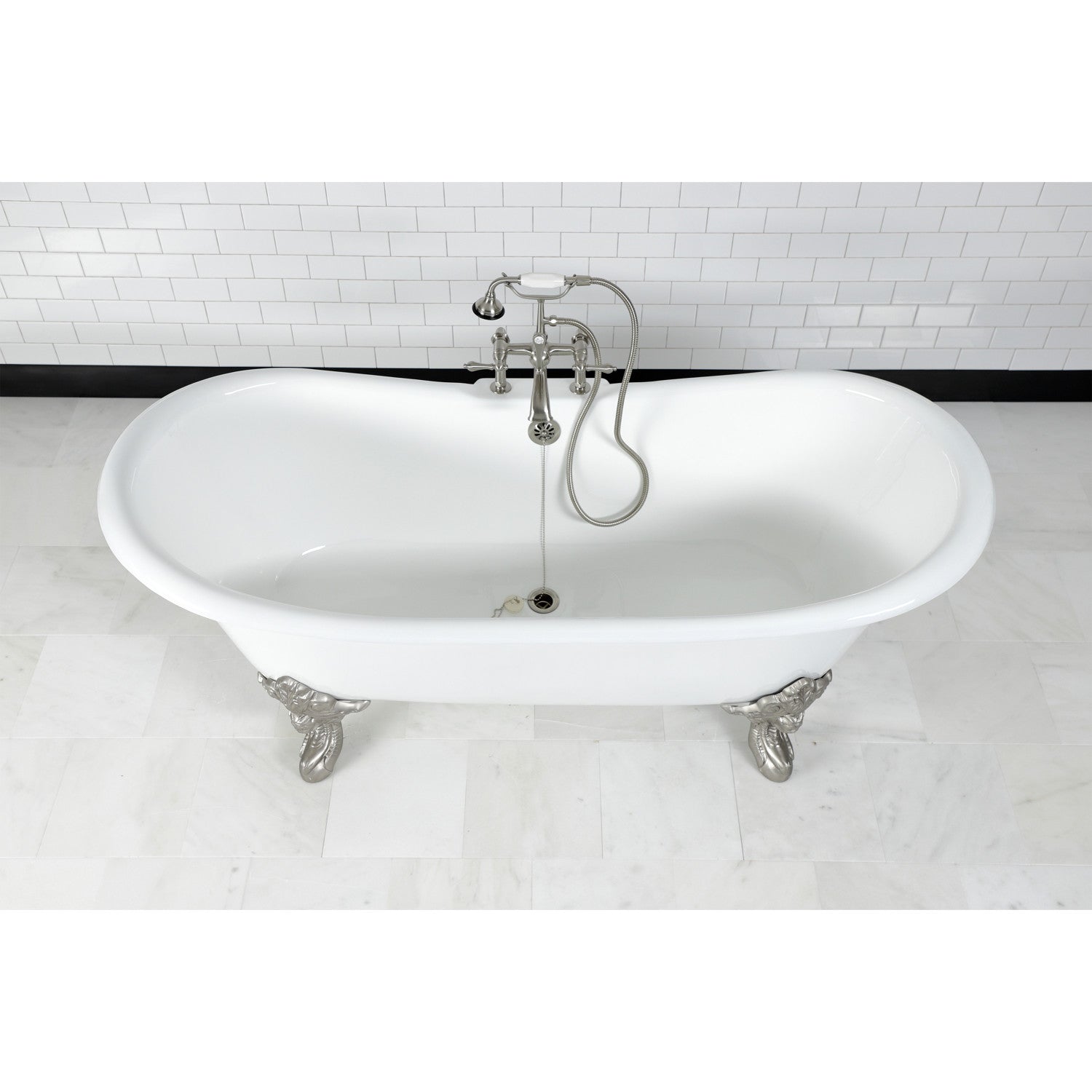 72 Inch White Cast Iron Oval Double Slipper Clawfoot Bathtub with Brushed Nickel Faucet - Aqua Eden VCT7DS7231NL8 | Vintage Bathroom Centerpiece for Luxury Homes & Spa Retreats
