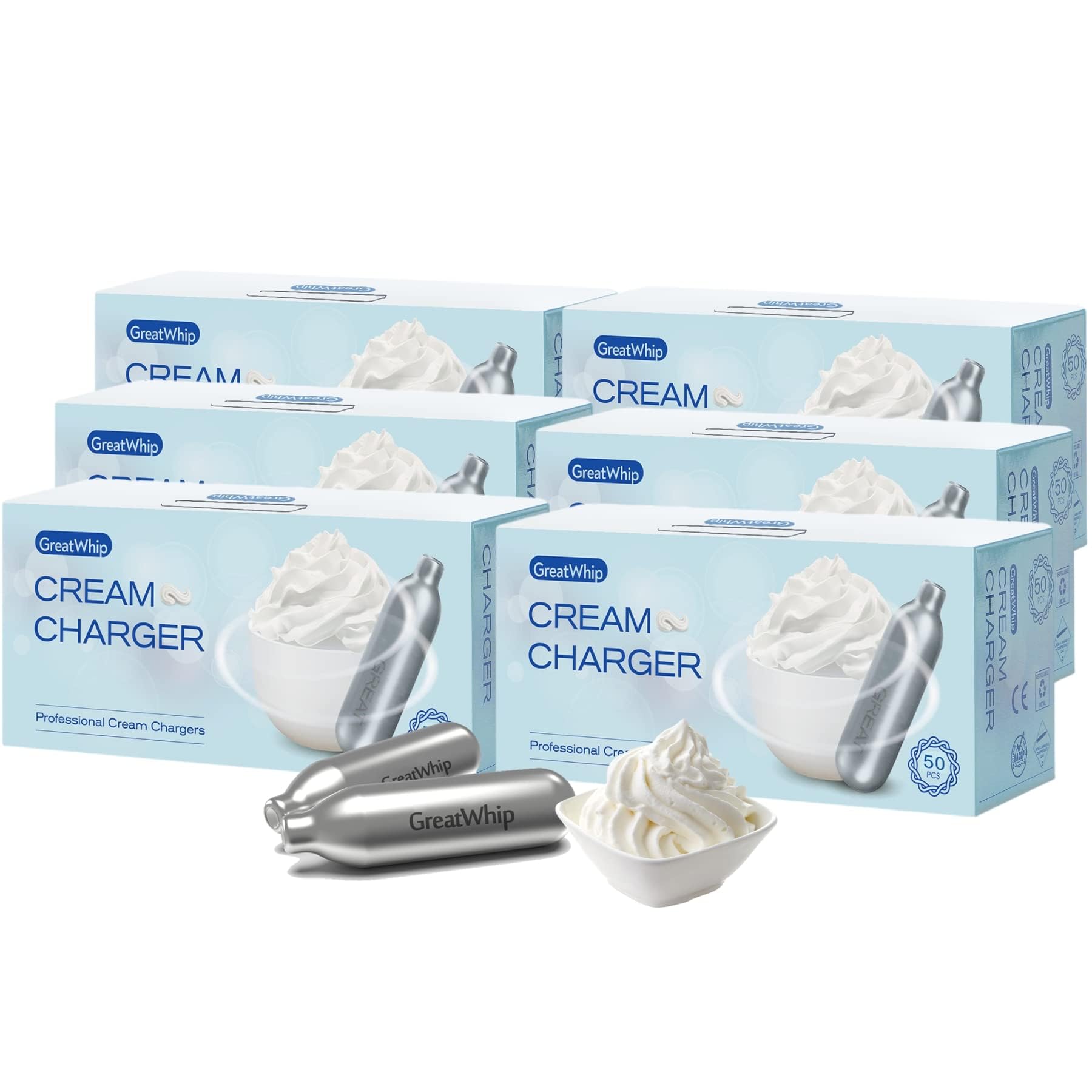 Premium GreatWhip N2O Cream Chargers 300 Count (8.2g) - Food Grade Nitrous Oxide Cartridges for Whipped Cream Dispensers - Perfect for Baking, Desserts & Coffee Shops