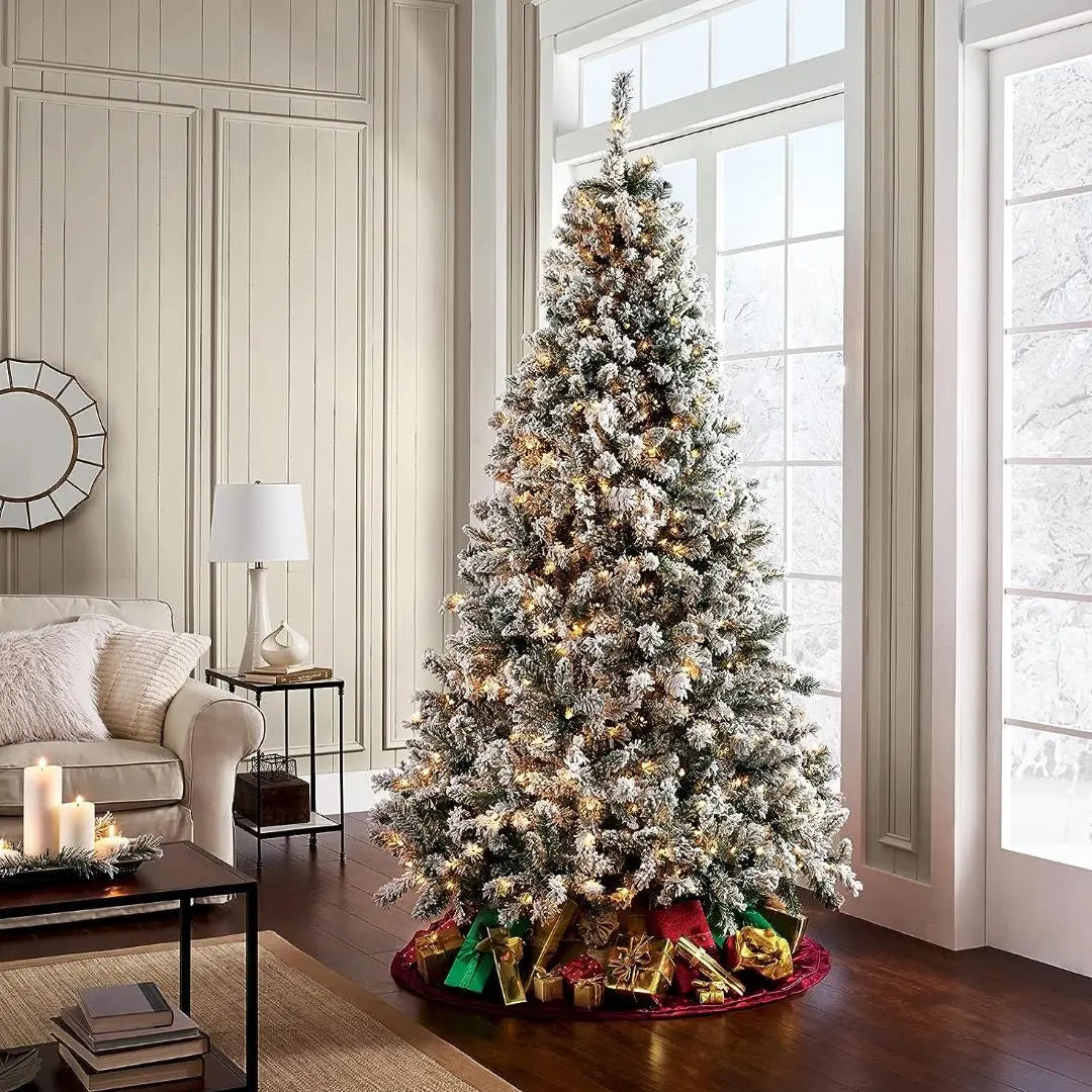 6.5'/7.5'/9' Flocked Artificial Christmas Tree with Pine Cones & Metal Stand - Hinged Branches for Easy Setup - Perfect for Living Room, Office, or Holiday Decorations