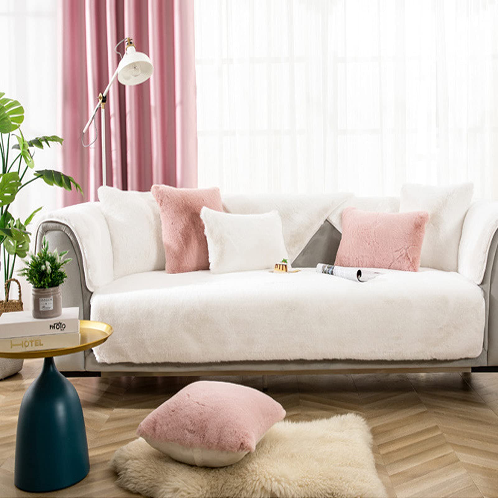 Soft Faux Fur Plush Sofa Cover for 3-Cushion Sectional Couch, Thick Pet-Friendly Slipcover Protector (90x210cm, White) - Perfect for Living Room, Family Room & Pet Furniture Protection