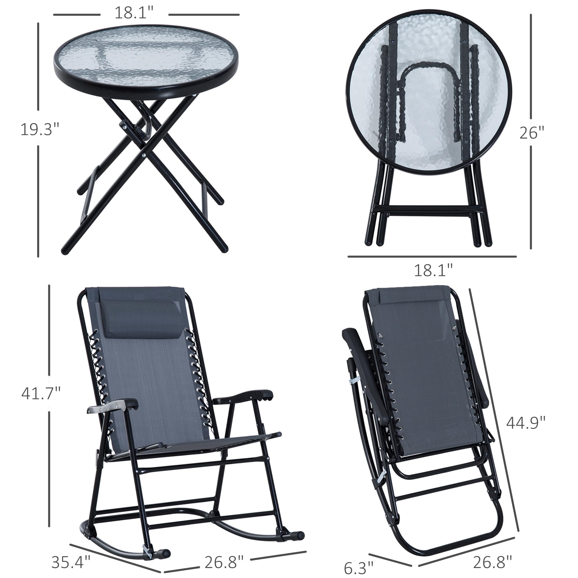 Outsunny 3-Piece Outdoor Rocking Bistro Set - Grey Patio Furniture with Folding Chairs & Glass Coffee Table for Garden, Deck, Backyard | Perfect for Relaxing, Entertaining & Outdoor Dining