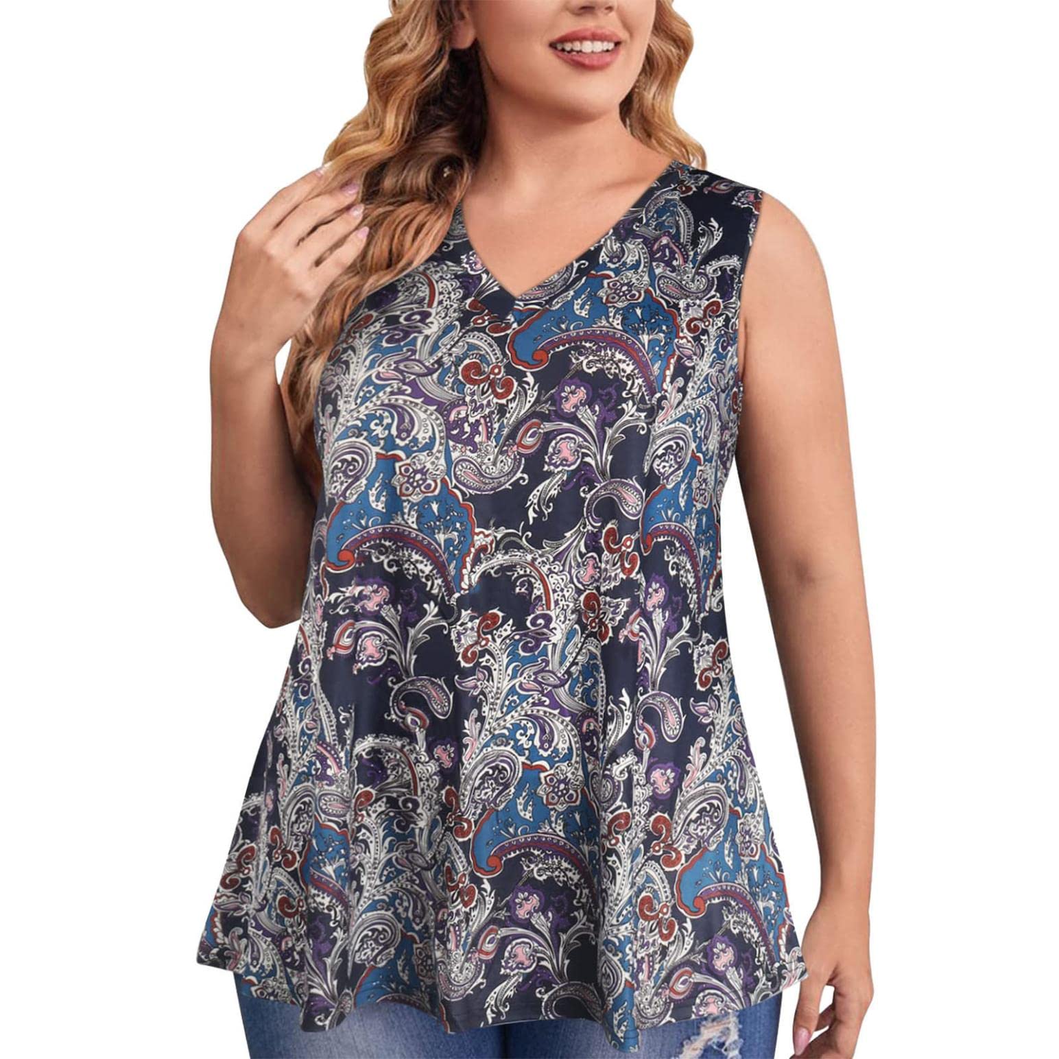 Plus Size Women's Tank Tops - Summer Trendy V Neck Tunic Tee, Flowy Sleeveless Blouse for Casual Wear | Perfect for Beach Outings, Date Nights & Summer Vacations