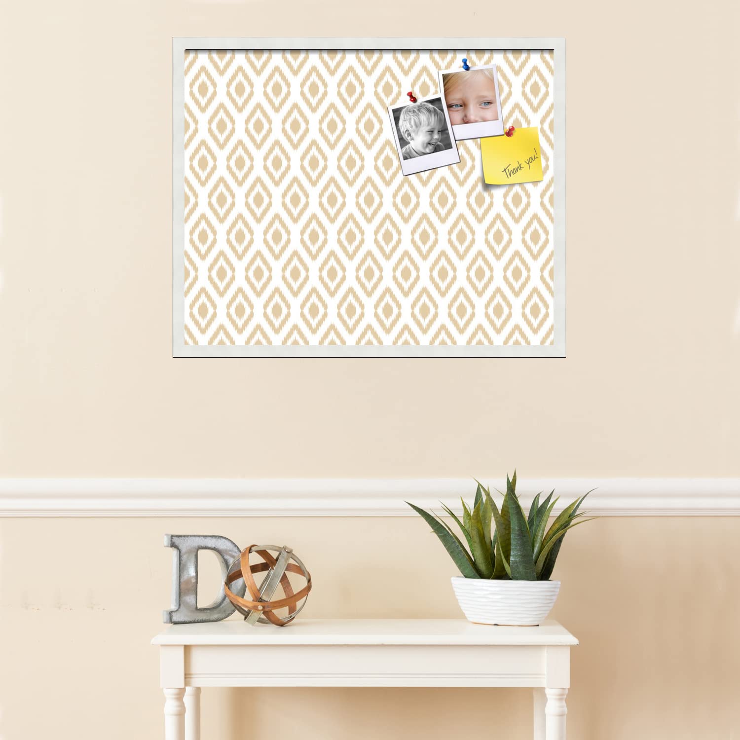 PinPix 30x24 Inch Cork Bulletin Board with Ikat Beige Design & Satin White Frame - Decorative Framed Pin Board for Home Office Decor, School Classroom, Dorm Room Organization & Message Display
