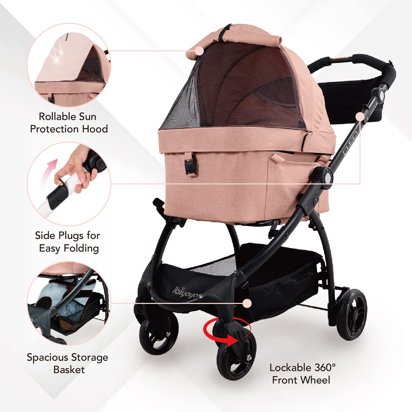 **iBiyaya 3-in-1 Cleo Travel System Pet Stroller for Small & Medium Dogs & Cats up to 44 lbs – Lightweight Dog Stroller, Carrier & Travel Bag in Coral Pink – Perfect for Walks, Vet Visits & Outdoor Adventures**