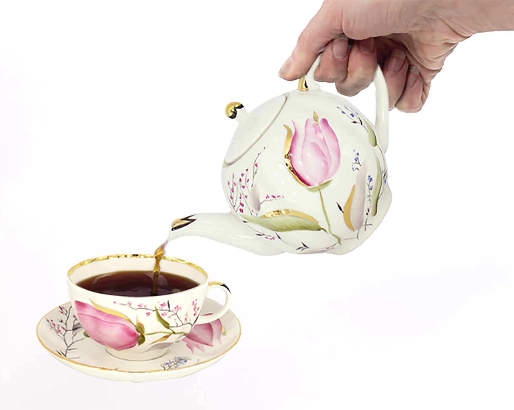 Lomonosov Porcelain Teapot with Pink Tulip Design - 3 Cup (20 oz / 600 ml) Capacity - Elegant Russian Tea Set for Afternoon Tea, Gifts & Home Decor