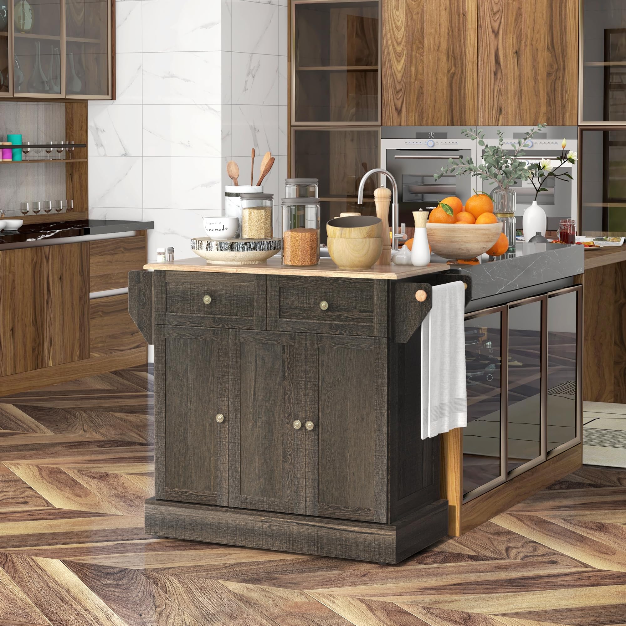 HOMCOM Triple-Cabinet Kitchen Island with Wheels - Rolling Storage Cabinet with Drawers, Wood Countertop, Towel Rack & Spice Stand - Distressed Brown Finish for Modern Farmhouse Kitchen, Dining Room or Small Space Organization