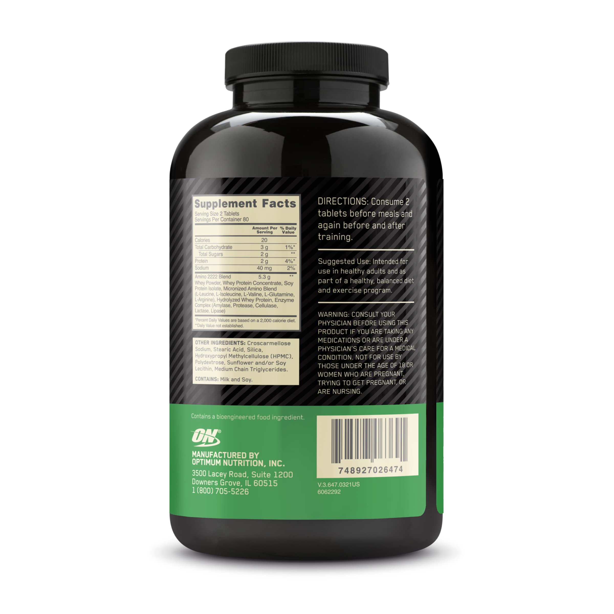 Optimum Nutrition Superior Amino 2222 Tablets - Complete Essential Amino Acids (EAAs) Supplement - 160 Count - Supports Muscle Recovery & Workout Performance