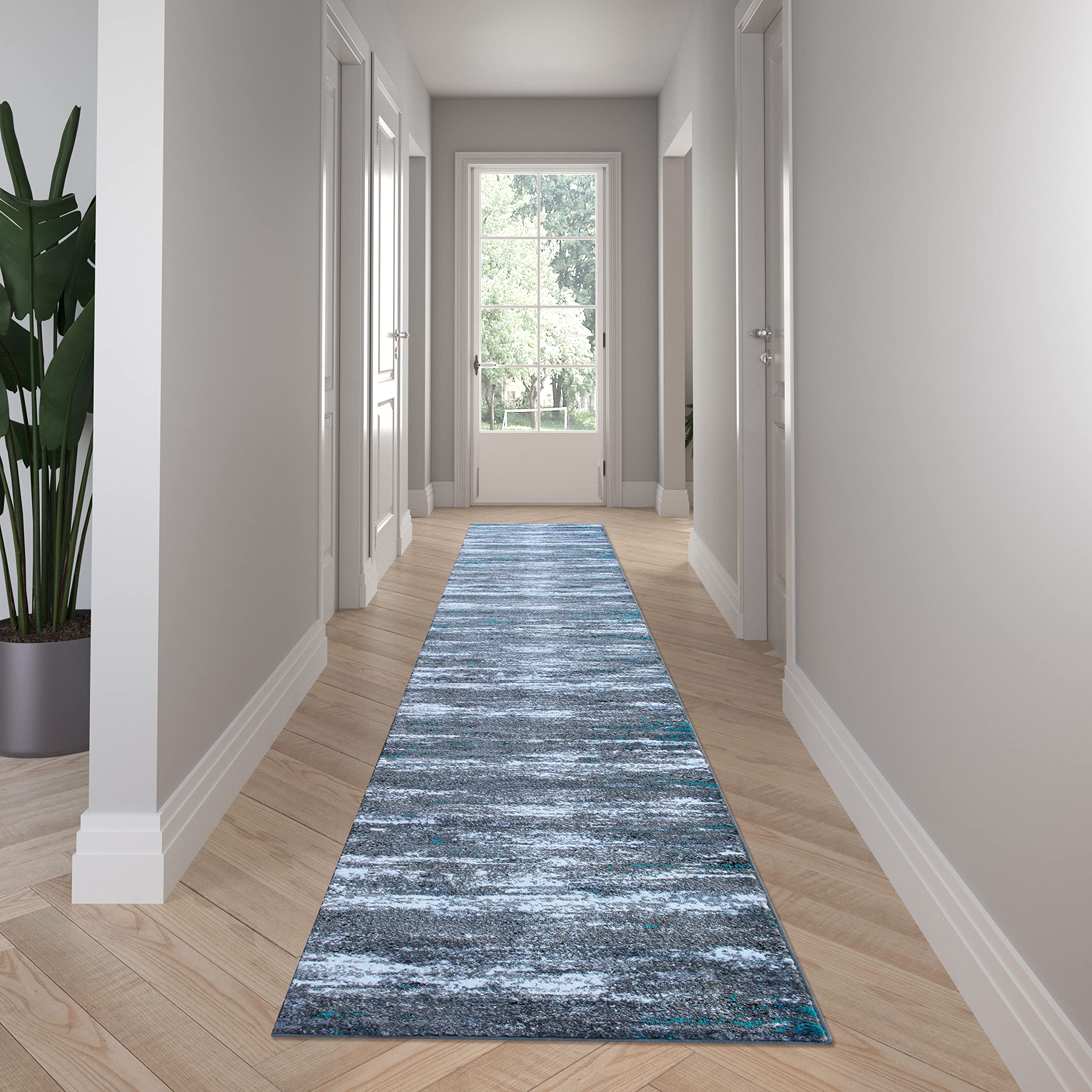 EMMA + OLIVER Distressed Look Accent Rug - 3'x16' Ultra Soft Plush Pile - Turquoise, Gray, Black & White - Stain & Moisture Resistant with Jute Backing - Easy Maintenance - Perfect for Living Room, Bedroom or Office Decor