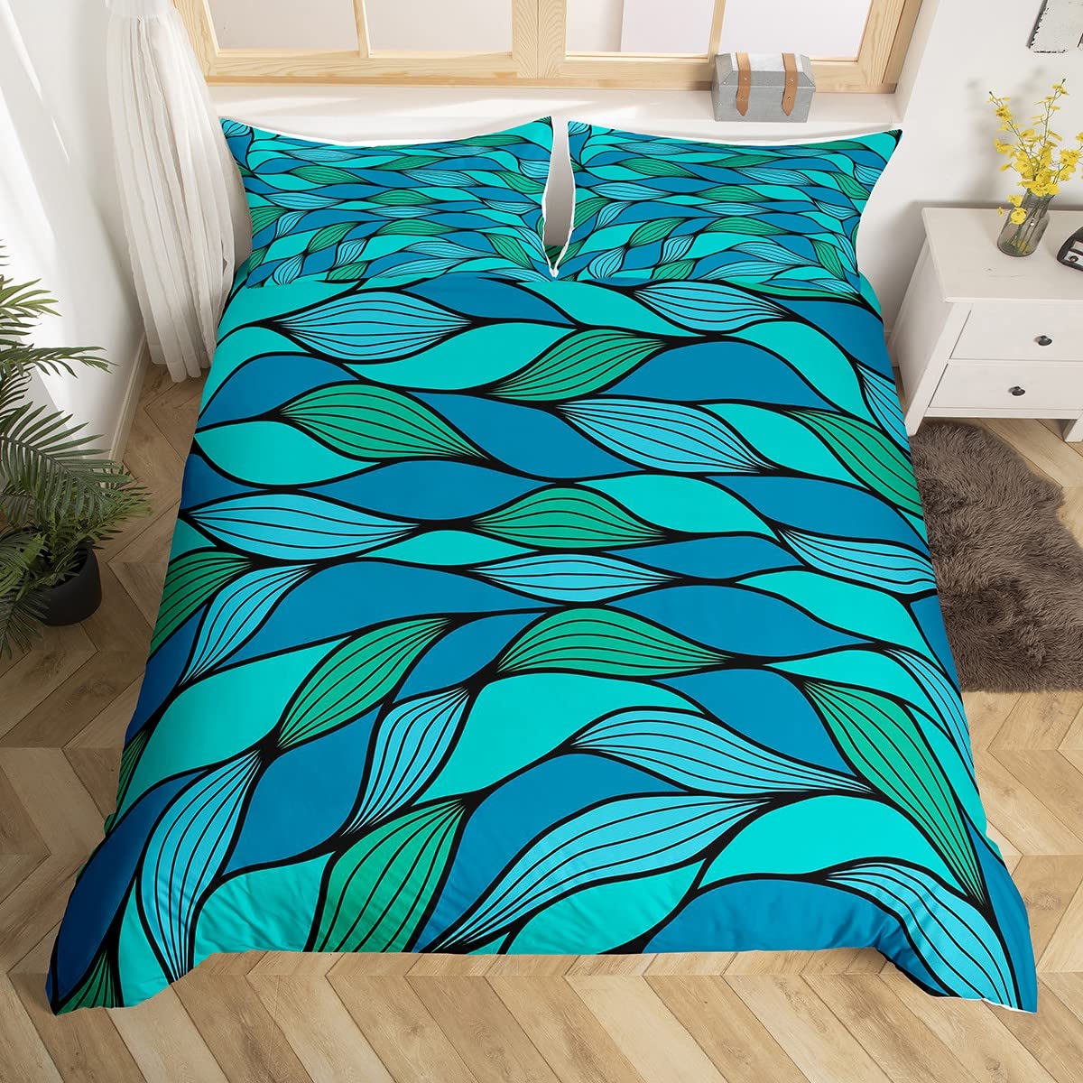 Abstract Ocean Waves Geometric Duvet Cover Set Twin Size - 2 Piece Kids Teens Girls Bedding with Swirl Teal Spiral Stripes Design & 1 Pillowcase - Perfect for Coastal Themed Bedrooms, Teen Room Decor, and Modern Nursery Designs