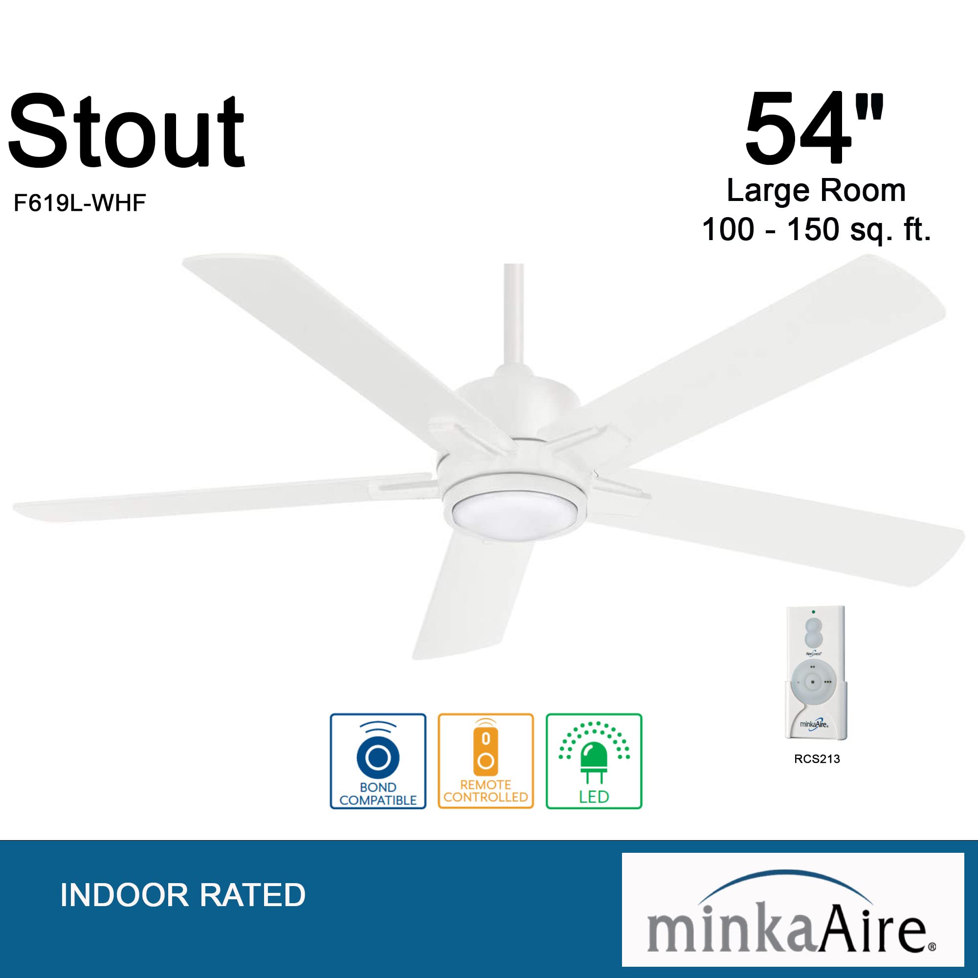 MINKA-AIRE F619L-WHF Stout 54 Inch Ceiling Fan with LED Light Kit, Remote Control, Flat White Finish - Perfect for Living Room, Bedroom, and Outdoor Covered Patios