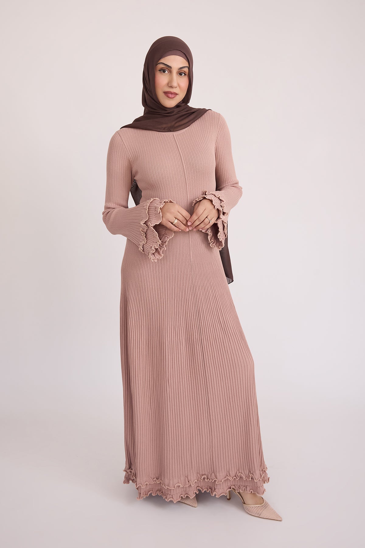 Isadora Ruffle Knit Long Sleeve Maxi Dress in Blush - Elegant Boho Style for Weddings, Parties & Date Nights