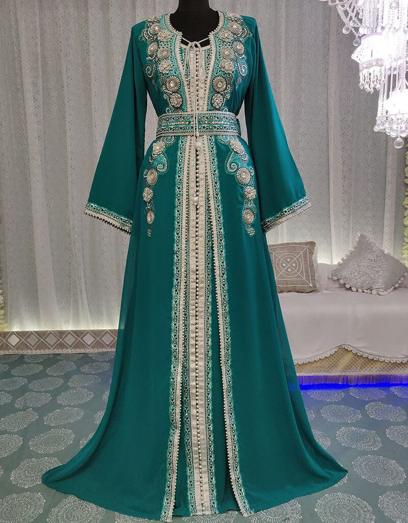 Elegant Arabic Sea Green Georgette Kaftan with Hand Embroidery - Front Open Style for Women | Perfect for Beach Cover-Up, Boho Festival, or Summer Evening Wear