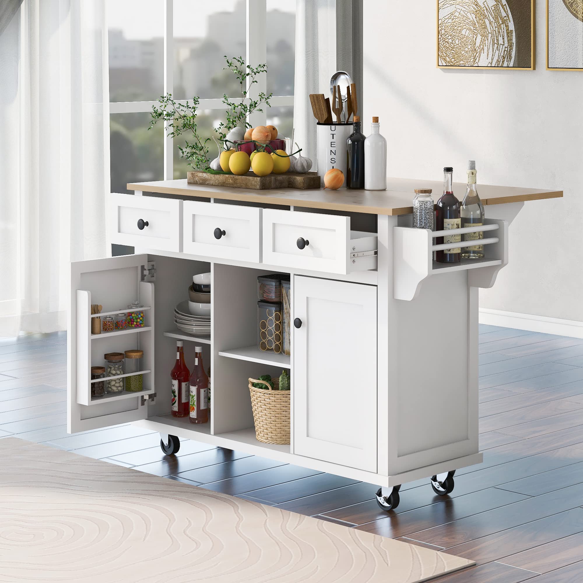 Modern Kitchen Island Cart with Wheels & Storage - White for Dining & Bathroom