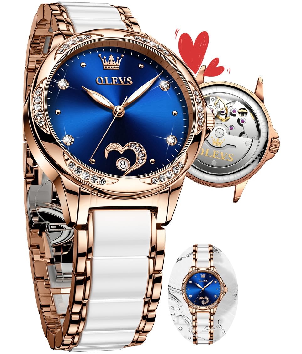 OLEVS Rose Gold Women's Automatic Watch with Two-Tone Stainless Steel & Ceramic Bracelet, Diamond-Accented Self-Winding Watch - Red/Blue/White Dial (No Battery Required) | Perfect for Business, Party & Everyday Wear