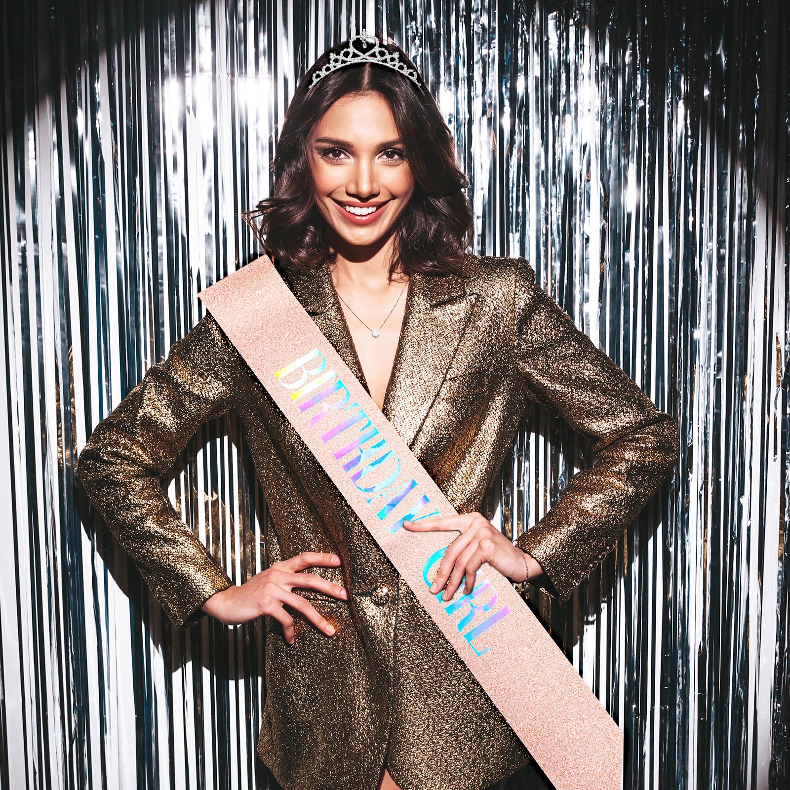 Sparkling Cobee Birthday Tiara & Sash Set for Women - Rhinestone Crown & Elegant Pink Sash - Perfect Princess Birthday Party Accessories & Gifts (Great for Birthday Celebrations, Bachelorette Parties & Special Occasions)