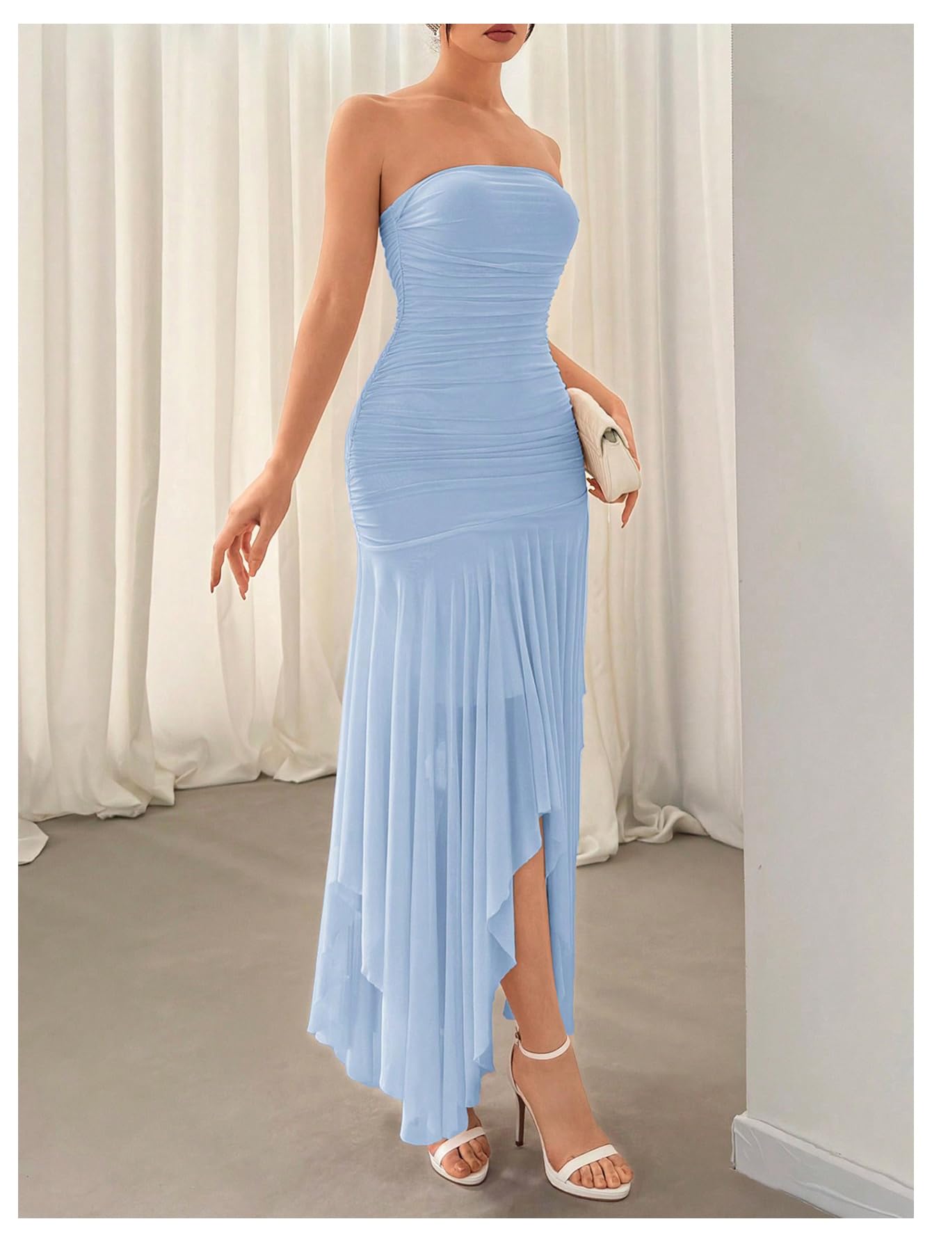MakeMeChic Women's Ruched High Waist Bandeau Midi Dress with Asymmetrical Hem & Ruffle Trim - Perfect for Summer Parties, Beach Vacations and Date Nights