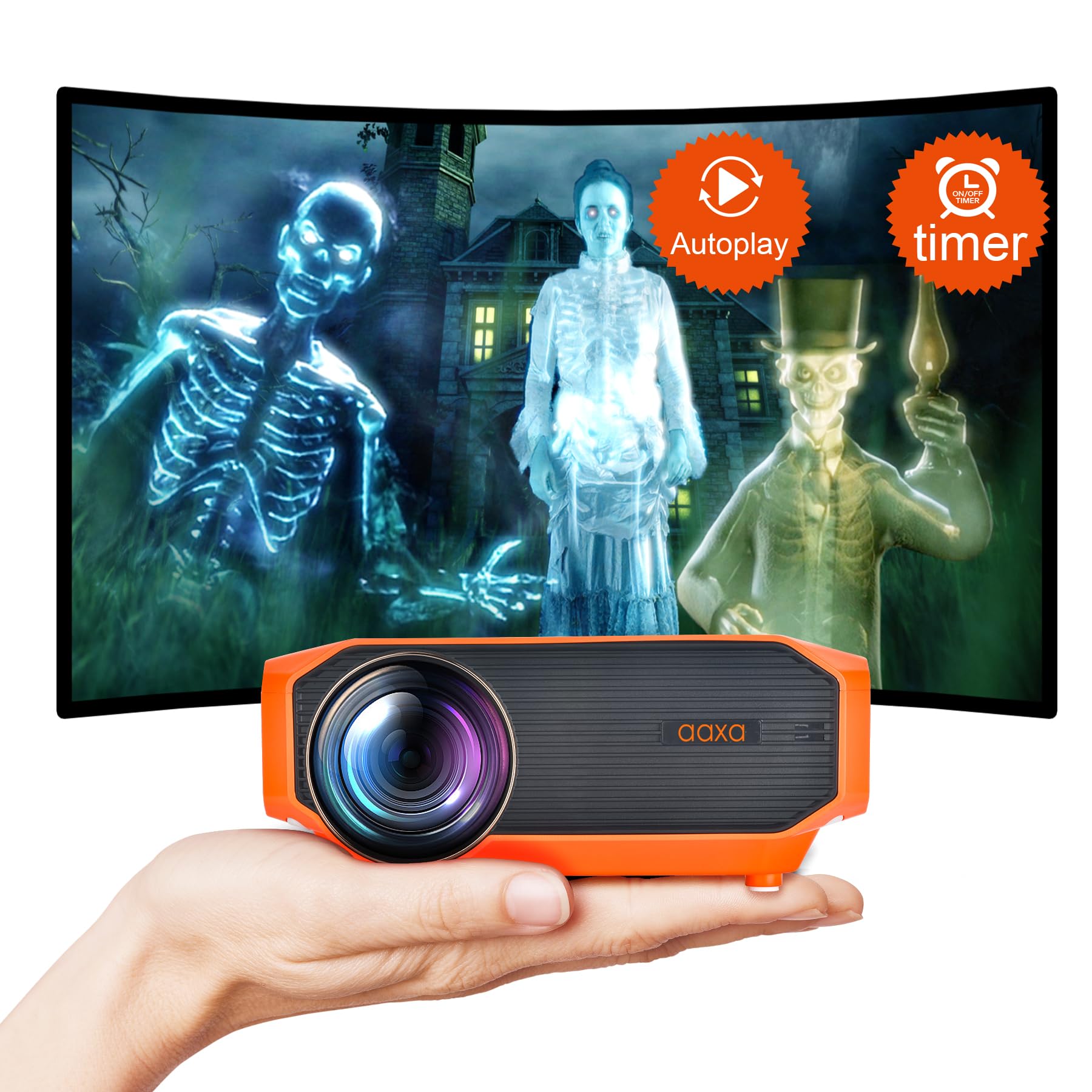 AAXA HP4 Halloween Projector (2024 Upgrade) - 1080p Native Resolution Holographic Projector with AutoPlay™, Built-in Timer & 8 Preloaded Spooky Movies - Bluetooth Enabled for Haunted House Decorations, Window Displays & Outdoor Halloween Party Projections (Renewed)
