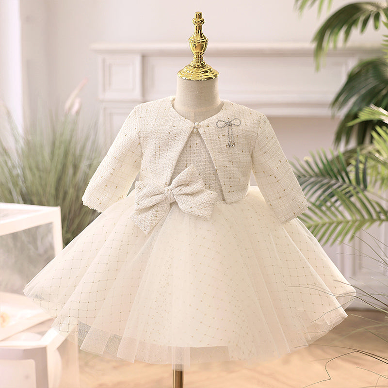White Tulle A-Line Tea-Length Flower Girl Dress with Long Sleeves and Bow - Perfect for Weddings, Bridal Showers & Special Occasions