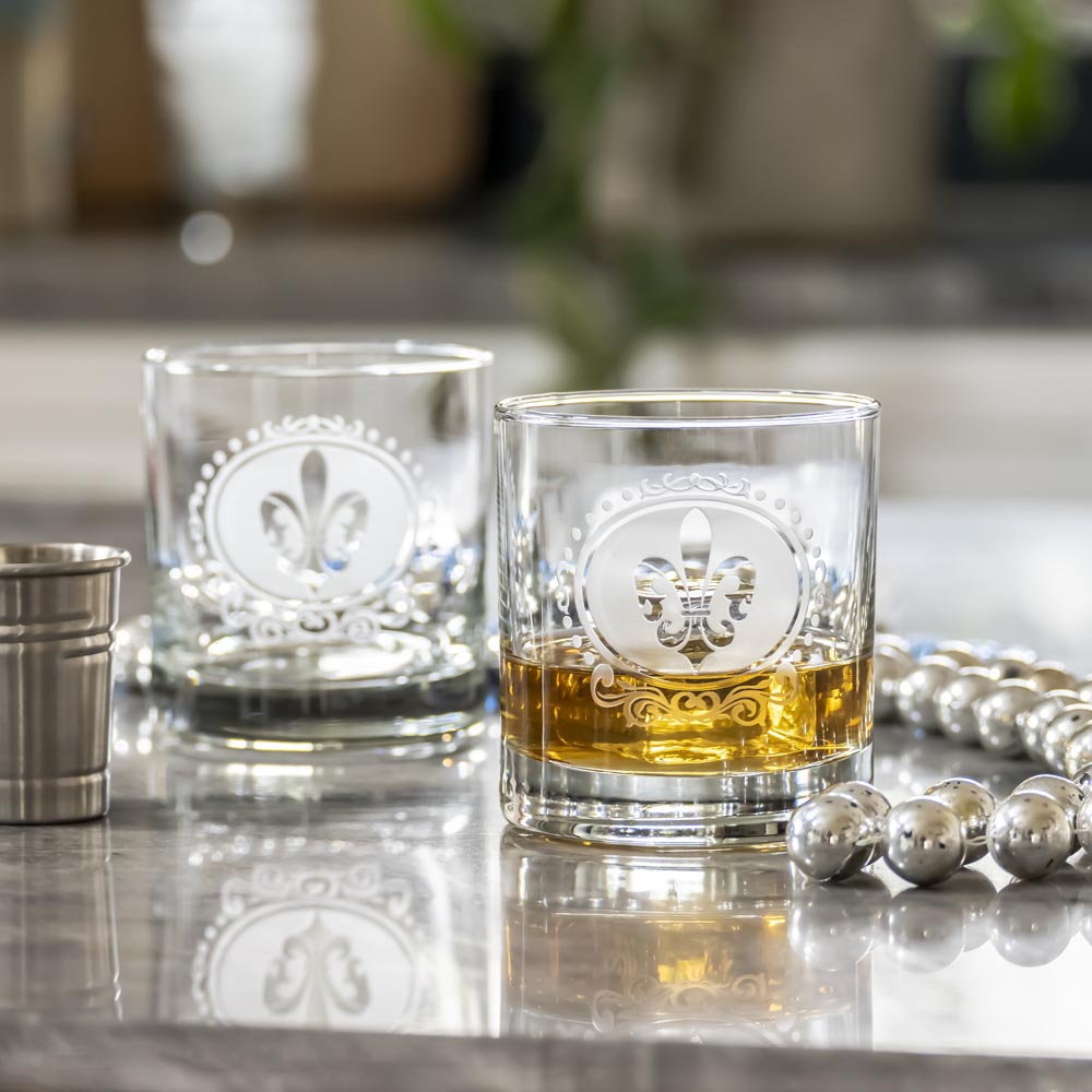 Premium 11oz Royal Fleur De Lis Whiskey Glasses Set of 2 - Elegant Crystal Clear Old Fashioned Drinking Glasses for Bourbon, Scotch & Cocktails - Perfect for Home Bar, Gifts & Entertaining