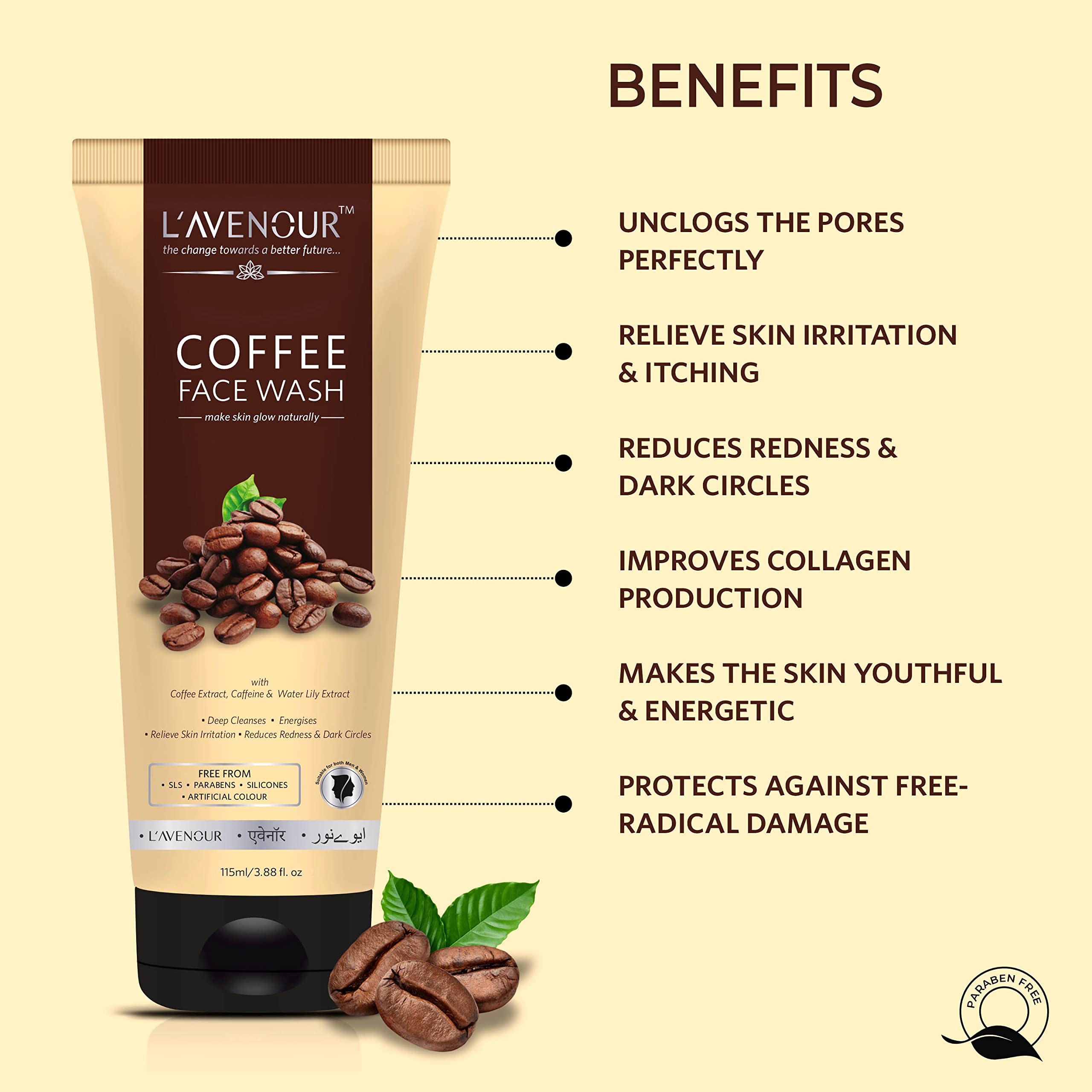 L'avenour Deep Cleansing Coffee Face Wash - Reduces Redness & Dark Circles, 115ml - Gentle Exfoliating Facial Cleanser for Acne-Prone & Sensitive Skin - Perfect for Morning & Night Skincare Routine