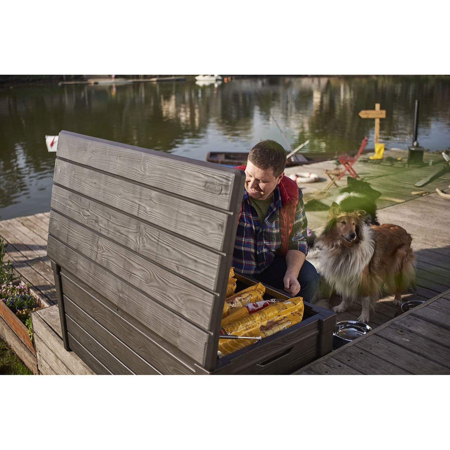 Keter 120 Gallon Outdoor Storage Deck Box - Waterproof Patio & Pool Storage Bin, Large Deck Box for Cushions, Toys & Garden Tools - Brown Weather-Resistant Container for Backyard, Poolside & Patio Organization