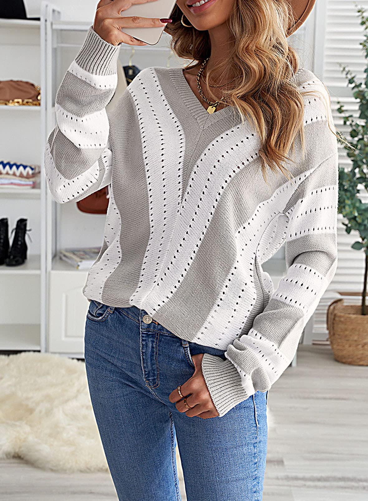 FEKOAFE Women's 2025 Striped Long Sleeve Knit Pullover Sweater - Deep V Neck Casual Tops for Fall & Winter Fashion | Office Wear, Date Night, Holiday Outfits