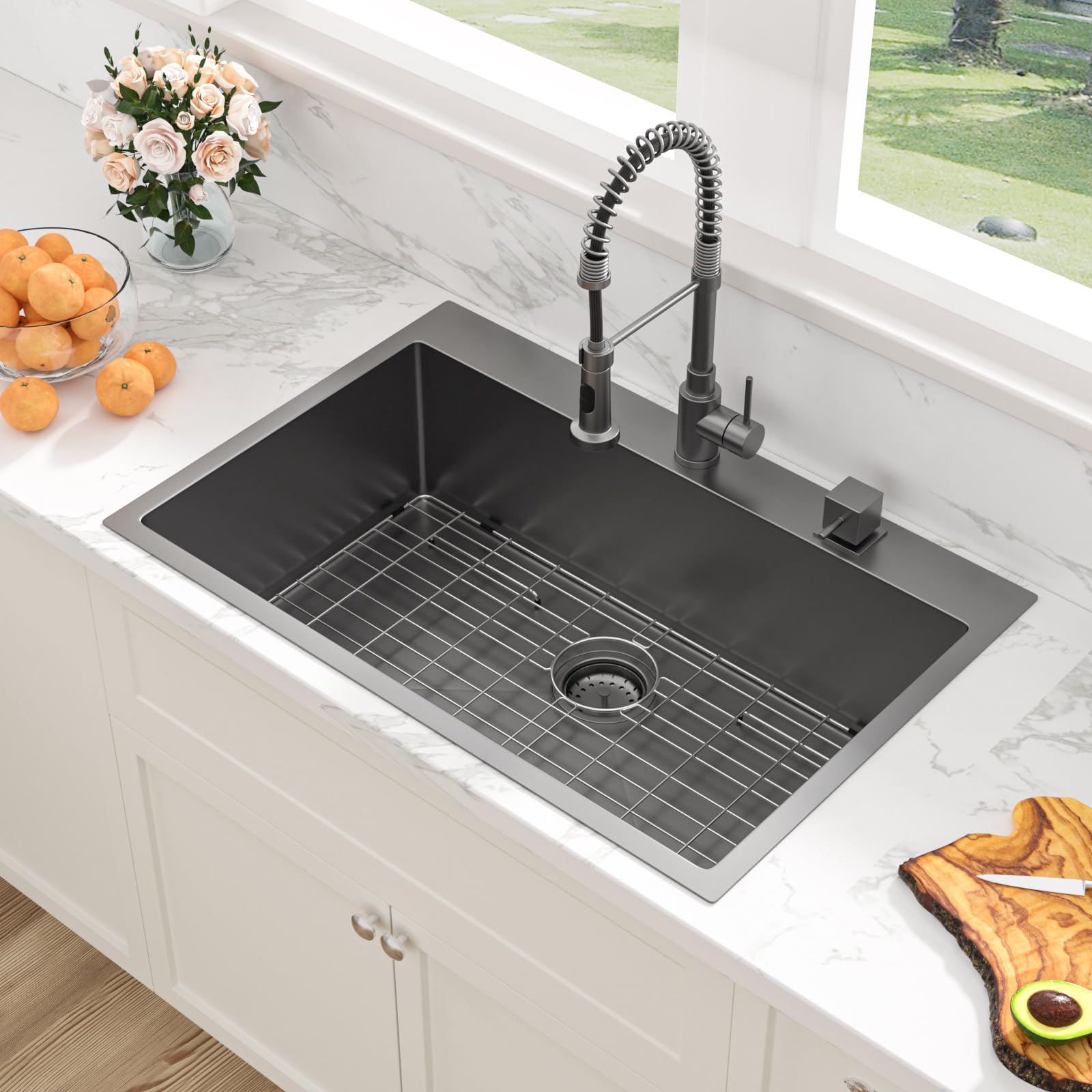 Sarlai 30-Inch Black Stainless Steel Drop-In Kitchen Sink - 16 Gauge Gunmetal Single Bowl, 30x22 Inch Topmount Rectangle Sink for Modern Kitchens, Easy Above Counter Installation | Perfect for Home Renovation & Restaurant Use