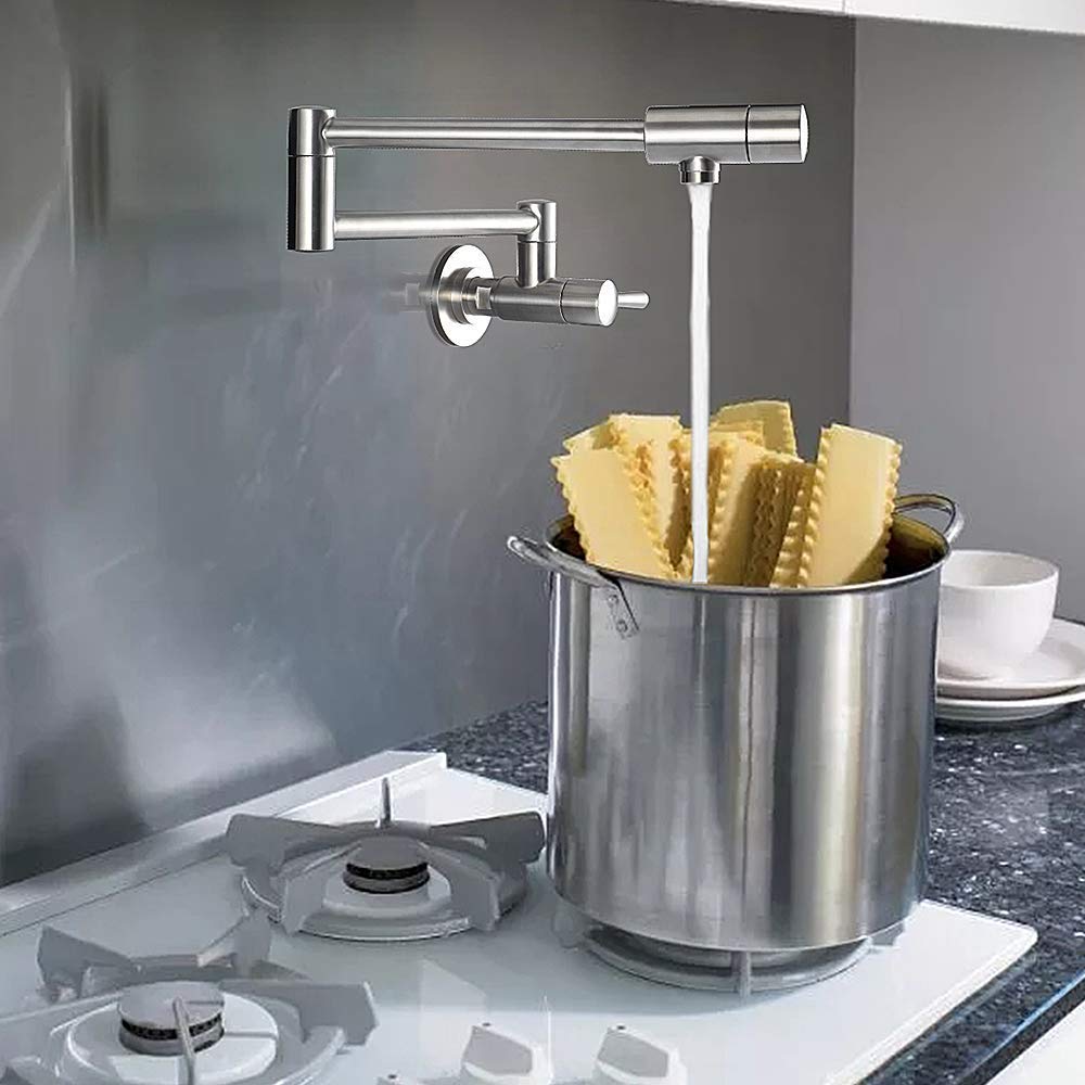 IMLEZON Commercial Stainless Steel Wall Mount Pot Filler Faucet - Foldable & Extendable Kitchen Sink Faucet with Single Hole & Dual Handles - Perfect for Restaurants, Home Kitchens & Food Prep Stations
