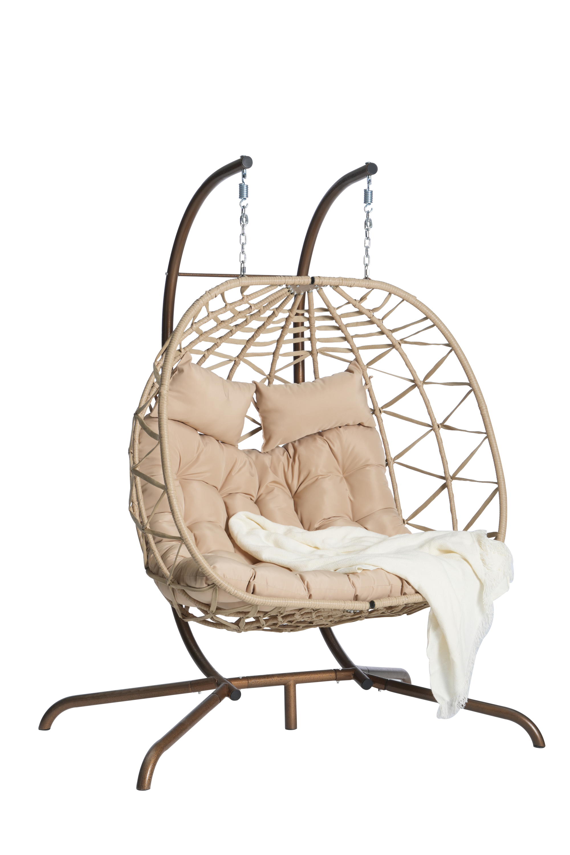 Double Egg Chair with Stand - Indoor/Outdoor Wicker Rattan Hanging Swing Chair with UV-Resistant Cushions (600 lbs Capacity) - Perfect for Bedroom, Balcony, Patio, Garden & Backyard Relaxation
