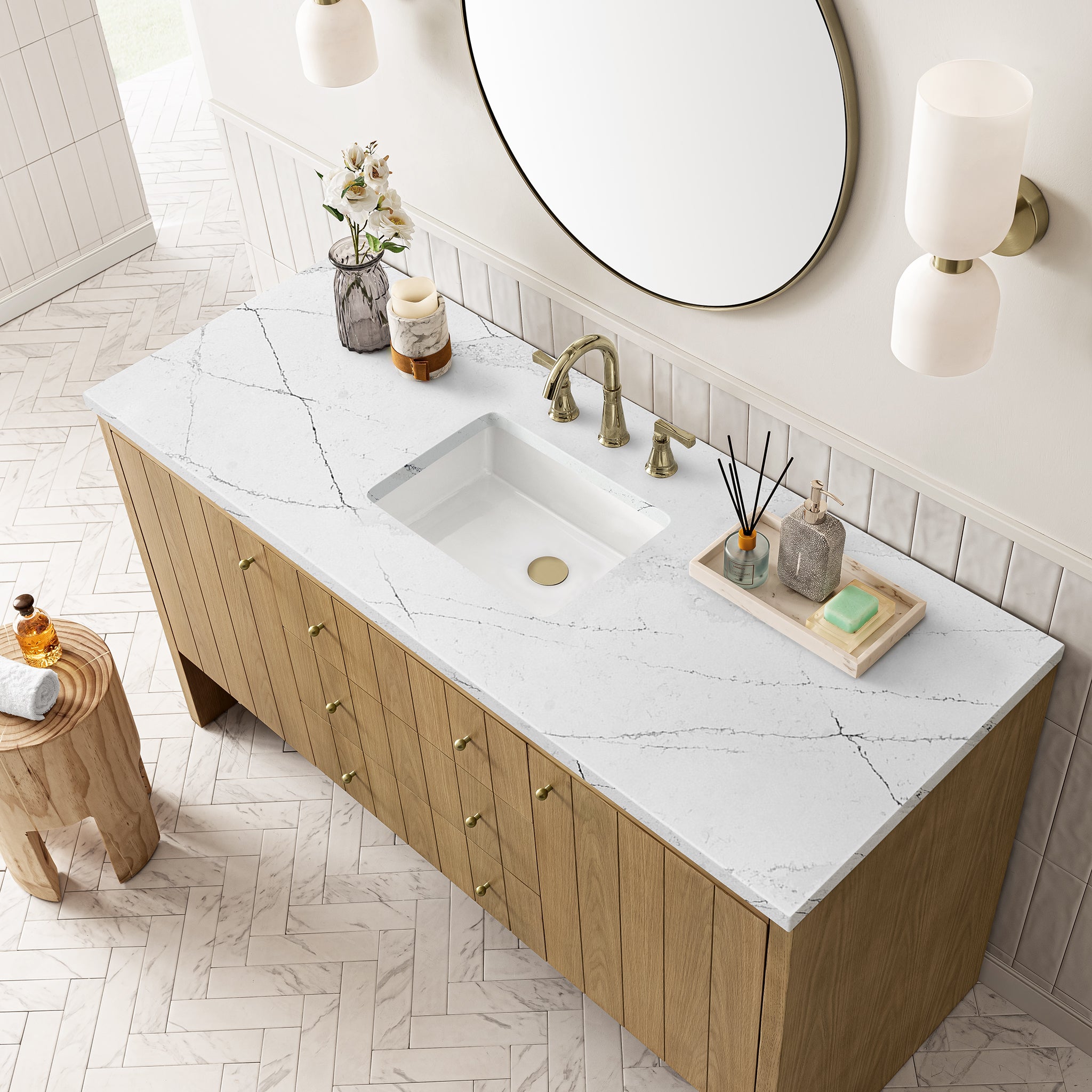 Hudson 60 Inch Single Bathroom Vanity with Light Natural Oak Finish and 3CM Ethereal Noctis Quartz Countertop - Perfect for Modern Master Bathrooms and Powder Rooms