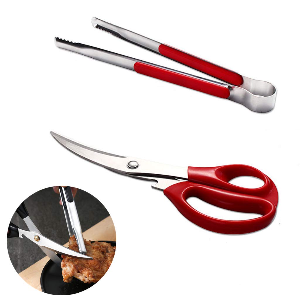 Premium Korean BBQ Scissors & Tongs Set - Stainless Steel Kitchen Shears with Ergonomic Grip for Grilling, Cooking, Pizza Cutting - Perfect for Backyard BBQ, Camping & Home Kitchen Use (Red)