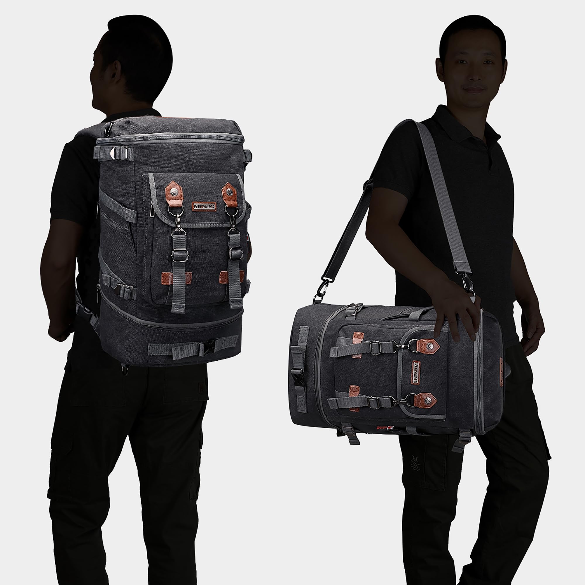 WITZMAN Durable Canvas Travel Backpack for Men & Women - Convertible Carry On Luggage & Duffel Bag - Perfect for Airplane, Hiking, Business Trips & College