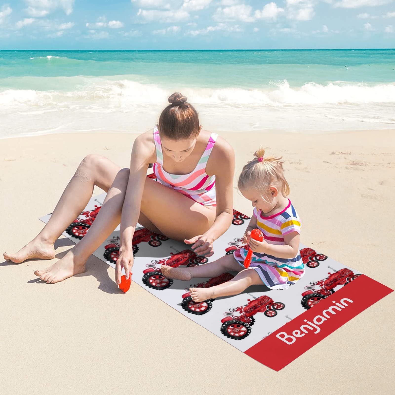 Custom Personalized Red Tractors Pattern Beach Towel 30x60 Inch - Large Soft Pool Towels with Name for Women, Men, Boys & Girls - Perfect for Beach, Pool, Picnic & Outdoor Activities