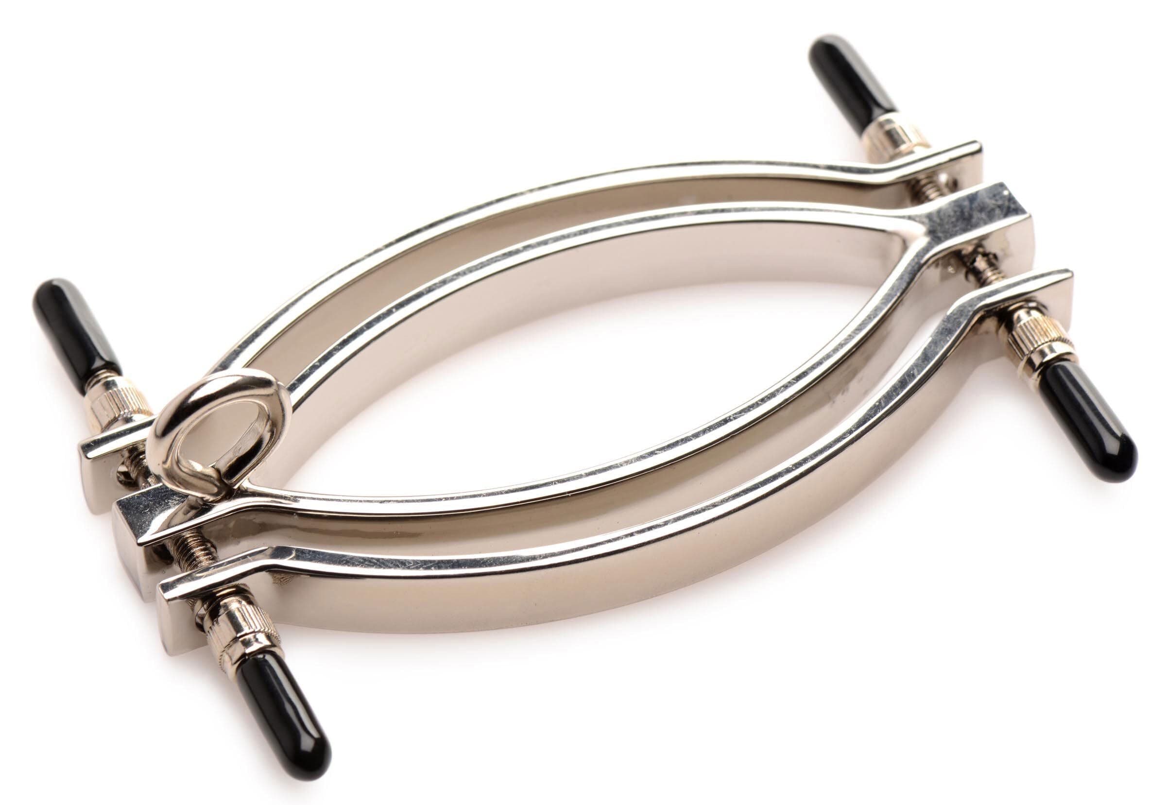 Adjustable Pussy Clamp with Leash - Silver BDSM Toy for Sensual Play & Bondage, Perfect for Couples & Adult Roleplay Scenes