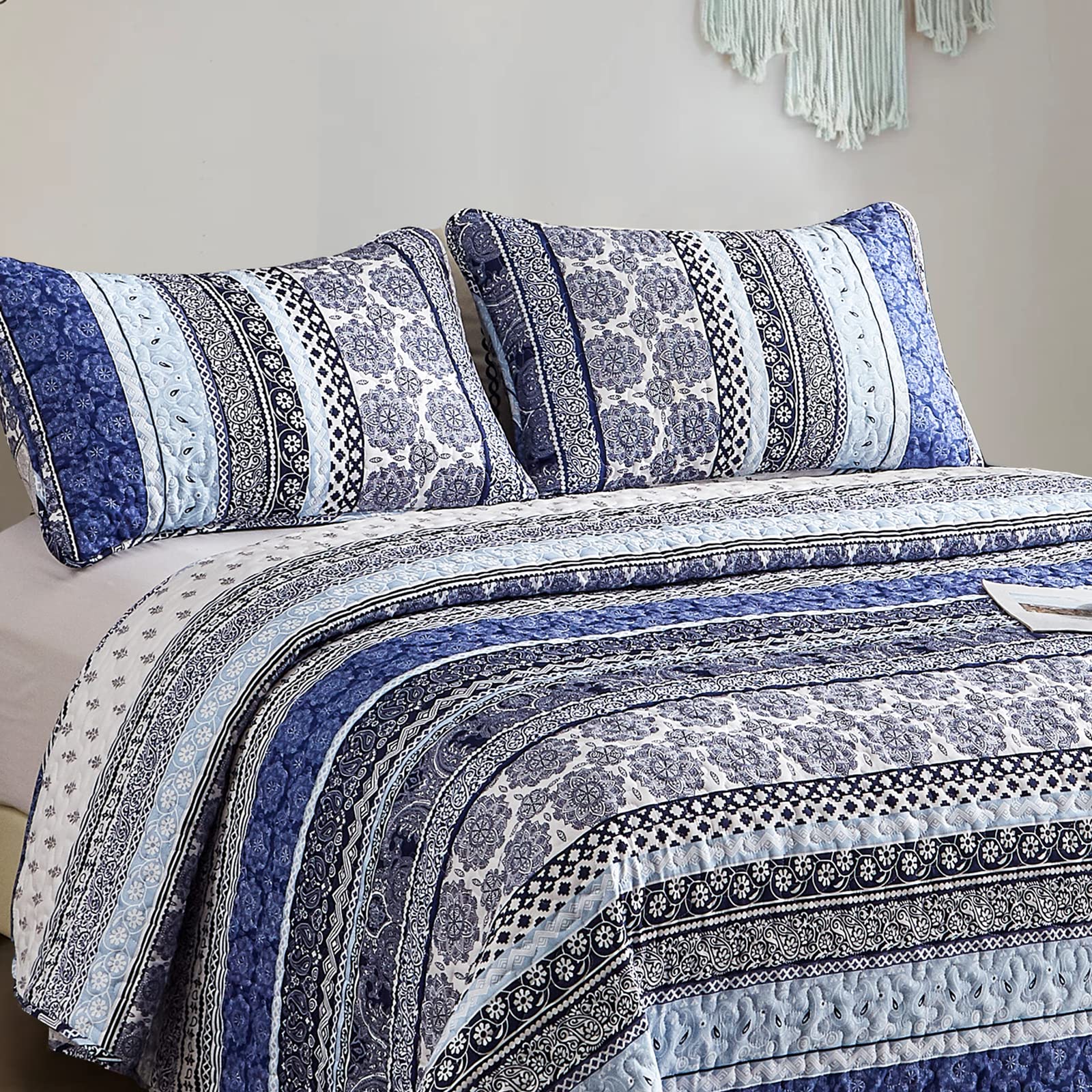 WONGS BEDDING King Size Boho Quilt Set - Blue Bohemian Style Lightweight Bedspread (3 Pieces, 103