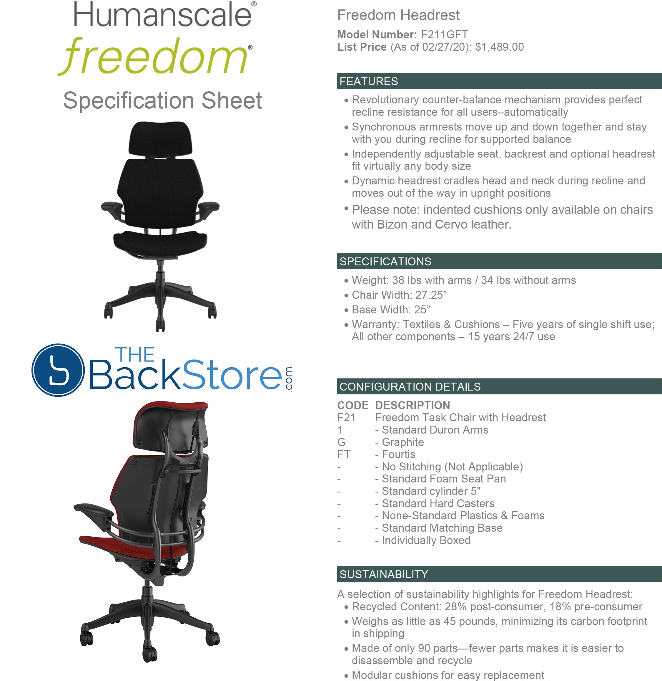 Humanscale Freedom Ergonomic Office Chair with Headrest - Adjustable Height & Duron Arms - Hard Floor Wheels - Graphite Frame & Alaria Green Fourtis Fabric - Perfect for Home Office, Executive Workspace & Long Hours Sitting