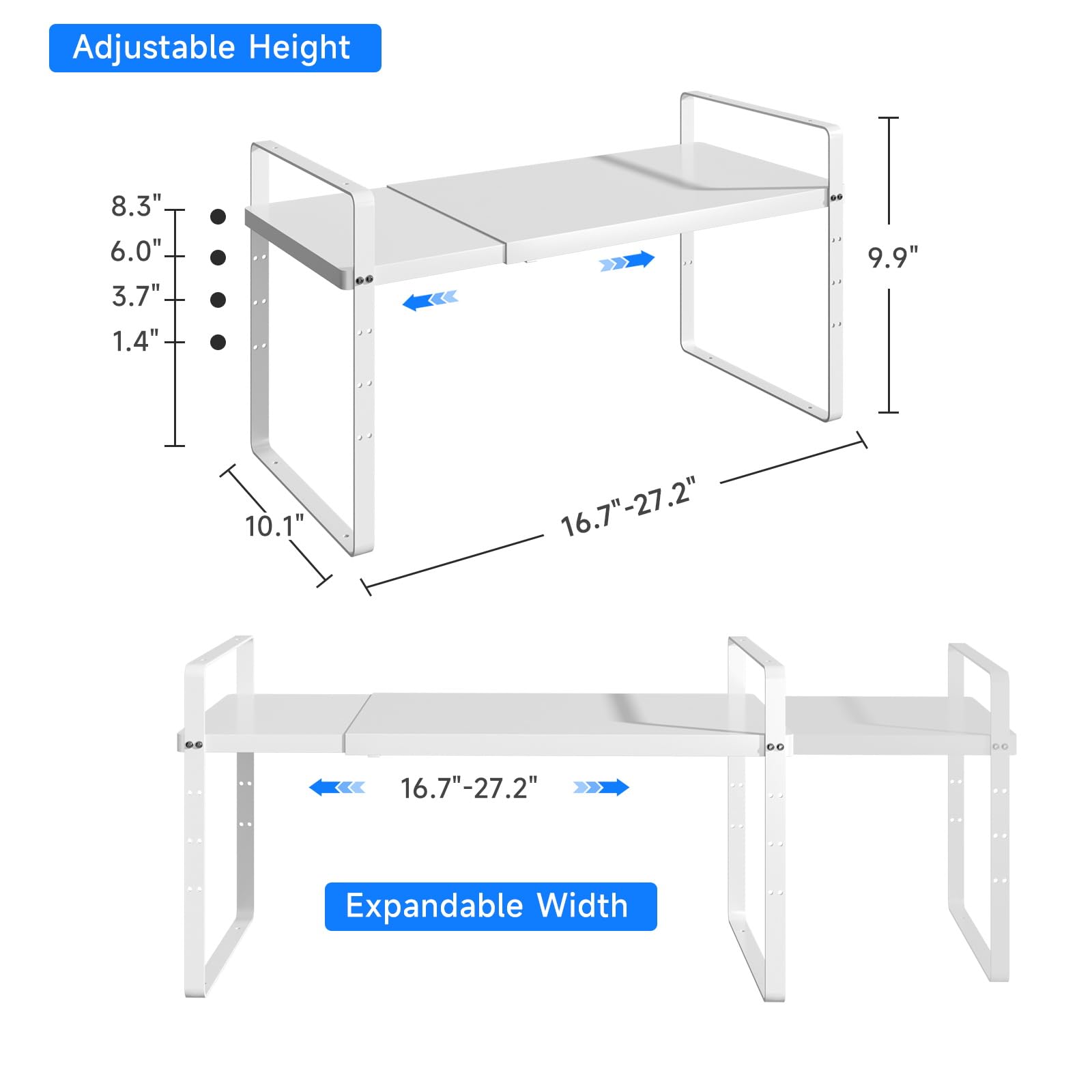 Expandable Cabinet Shelf Organizer - Heavy Duty 80LBS Stackable Kitchen Pantry Storage, Adjustable Closet & Cupboard Rack for Spice Organization (White, Large, 1 Pack) - Perfect for Small Spaces & Kitchen Counter Organization