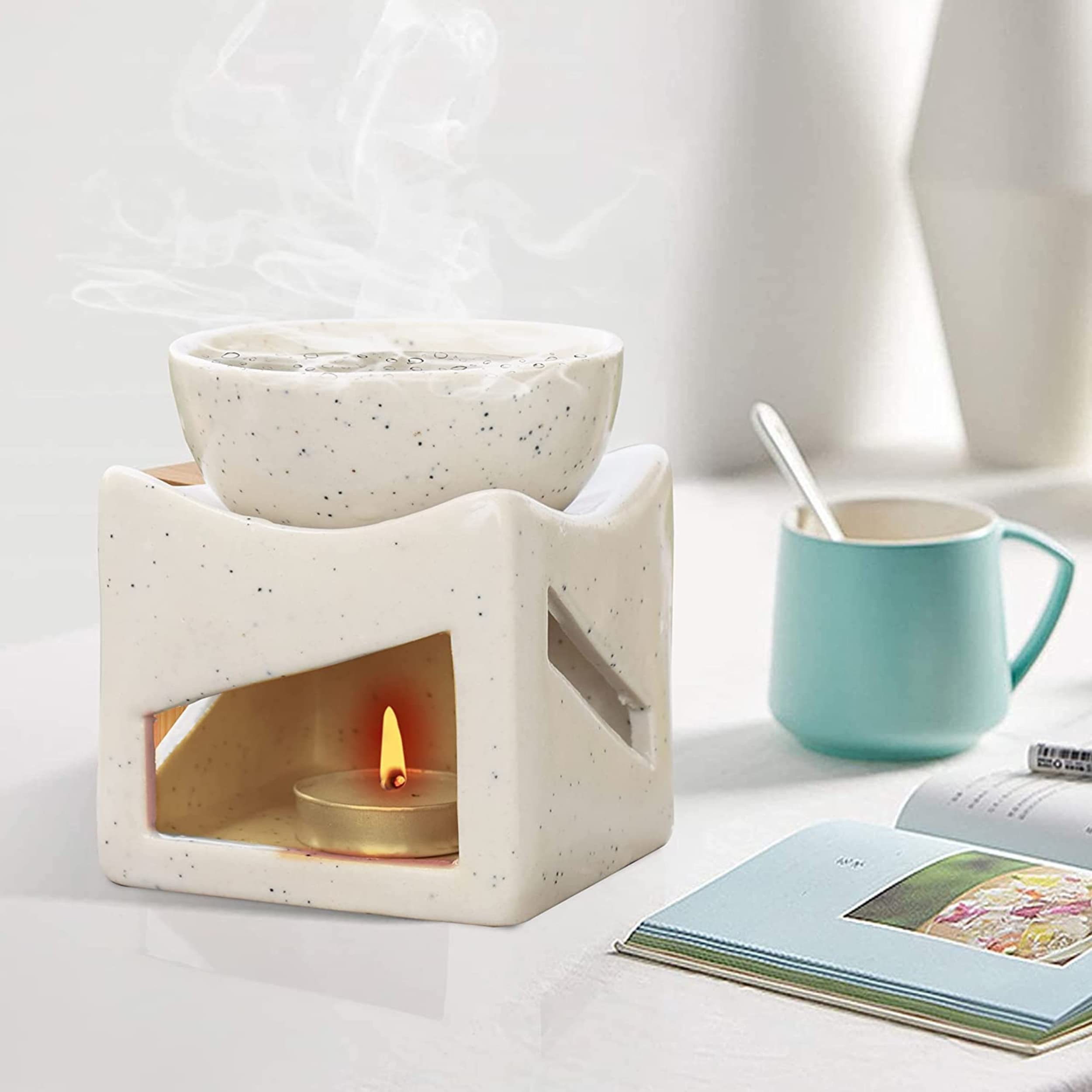 Pure Source India Ceramic Clay Candle Operated Aroma Diffuser - Extra Large 4 Inch Oil Burner Bowl with Tealight (White Dotted) - Perfect for Home Aromatherapy, Yoga Meditation & Relaxation Spaces