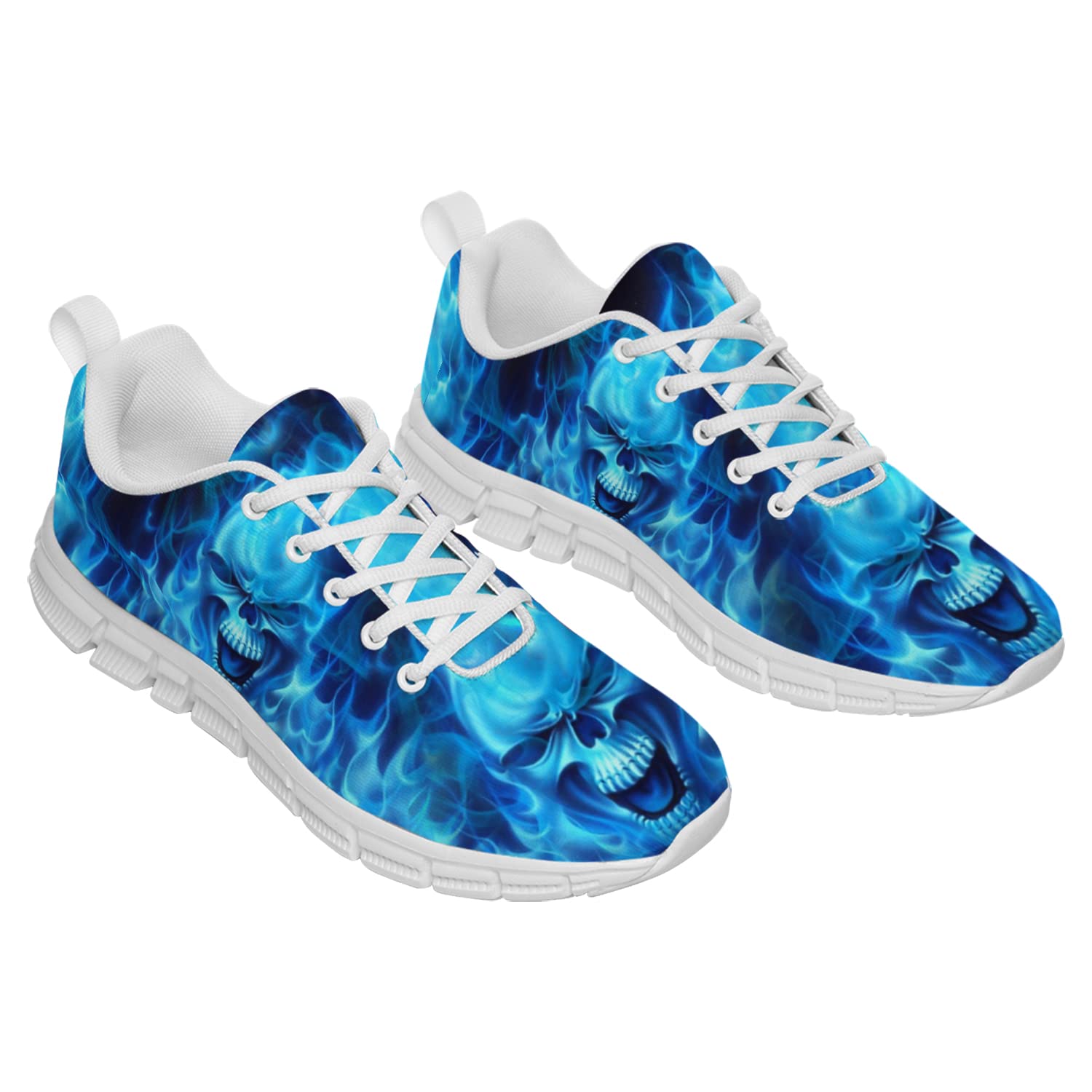 **Blue Skull Sneakers for Men & Women - Running, Tennis, Walking Shoes with Flaming Design - Perfect for Parties & Gifts - Size 10 Women/8.5 Men - Ideal for Casual Wear, Gym & Outdoor Activities**