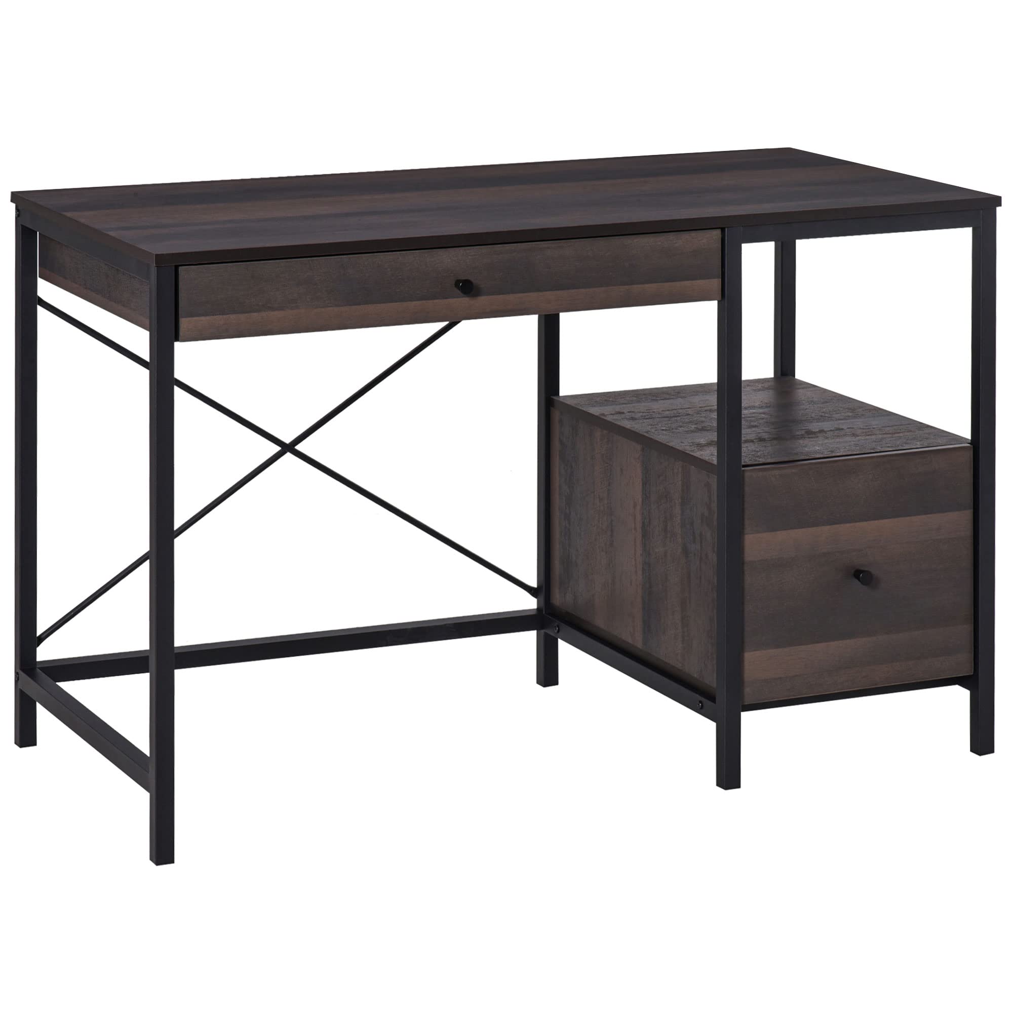 HOMCOM Industrial Style Home Office Desk with Filing Cabinet Storage Drawer for Letter Size Papers - Steel Frame Black/Walnut Computer Desk for Small Spaces, Home Office & Study Room