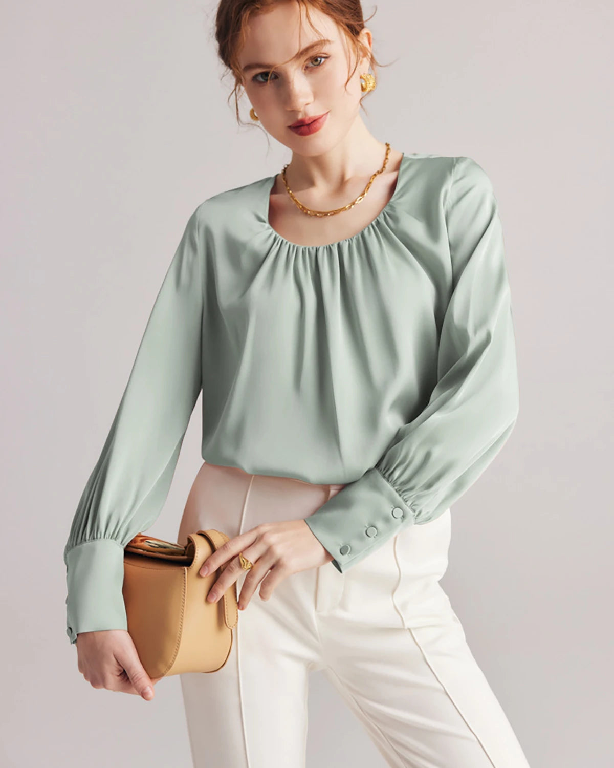 Elegant Pleated Round Neck Silk Blouse for Women | Soft & Breathable Luxury Shirt | Perfect for Office Wear, Date Night & Special Occasions