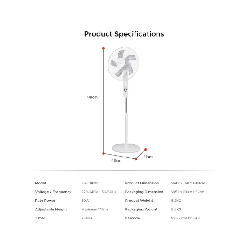 Europace ESF3169C 16-Inch Remote Control Stand Fan - Quiet Oscillating Floor Fan for Home, Office & Bedroom Cooling