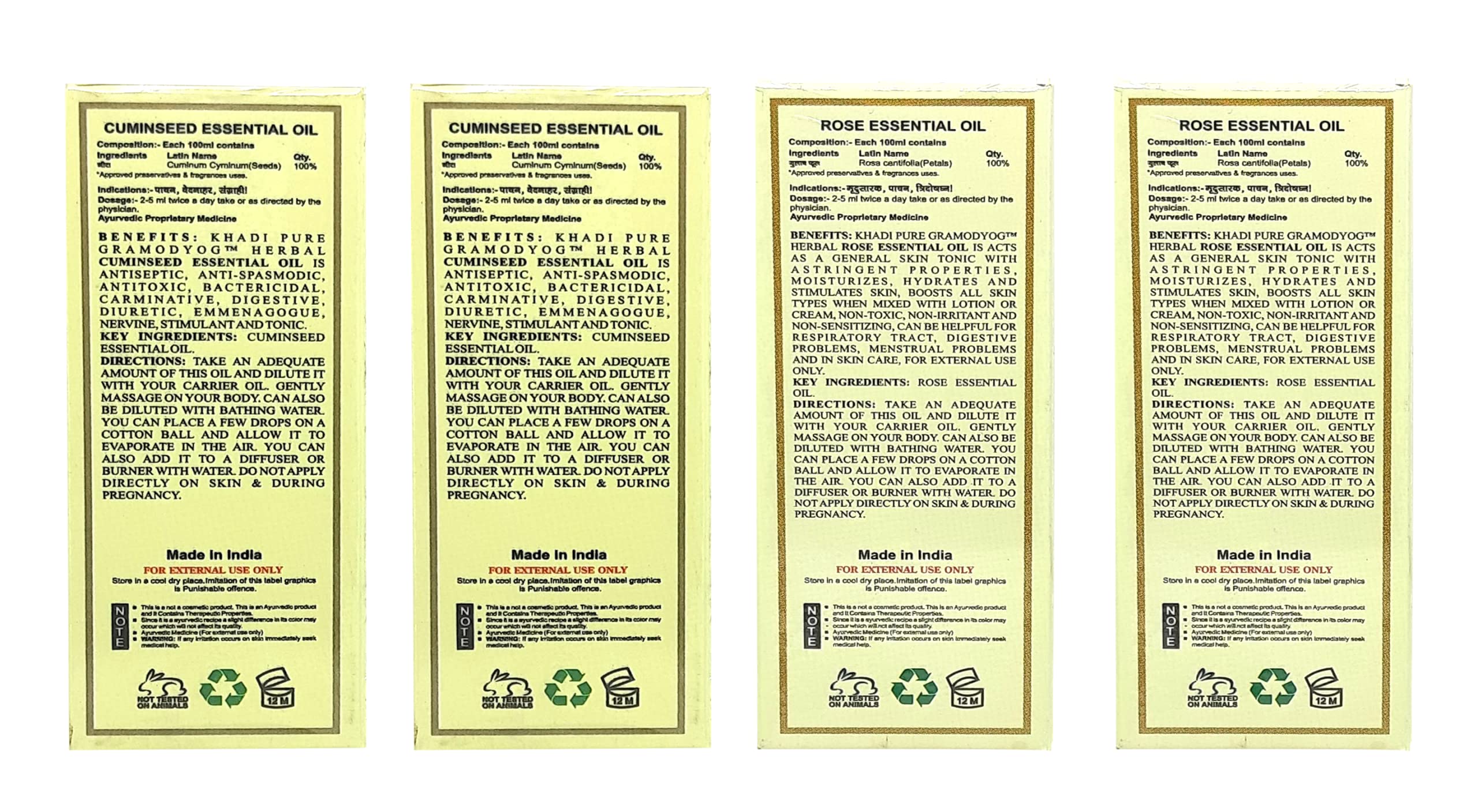 Khadi Pure Cuminseed & Rose Essential Oil - 15ml (Pack of 4) | Aromatherapy, Massage & Skin Care | Perfect for Relaxation, Stress Relief & Natural Beauty