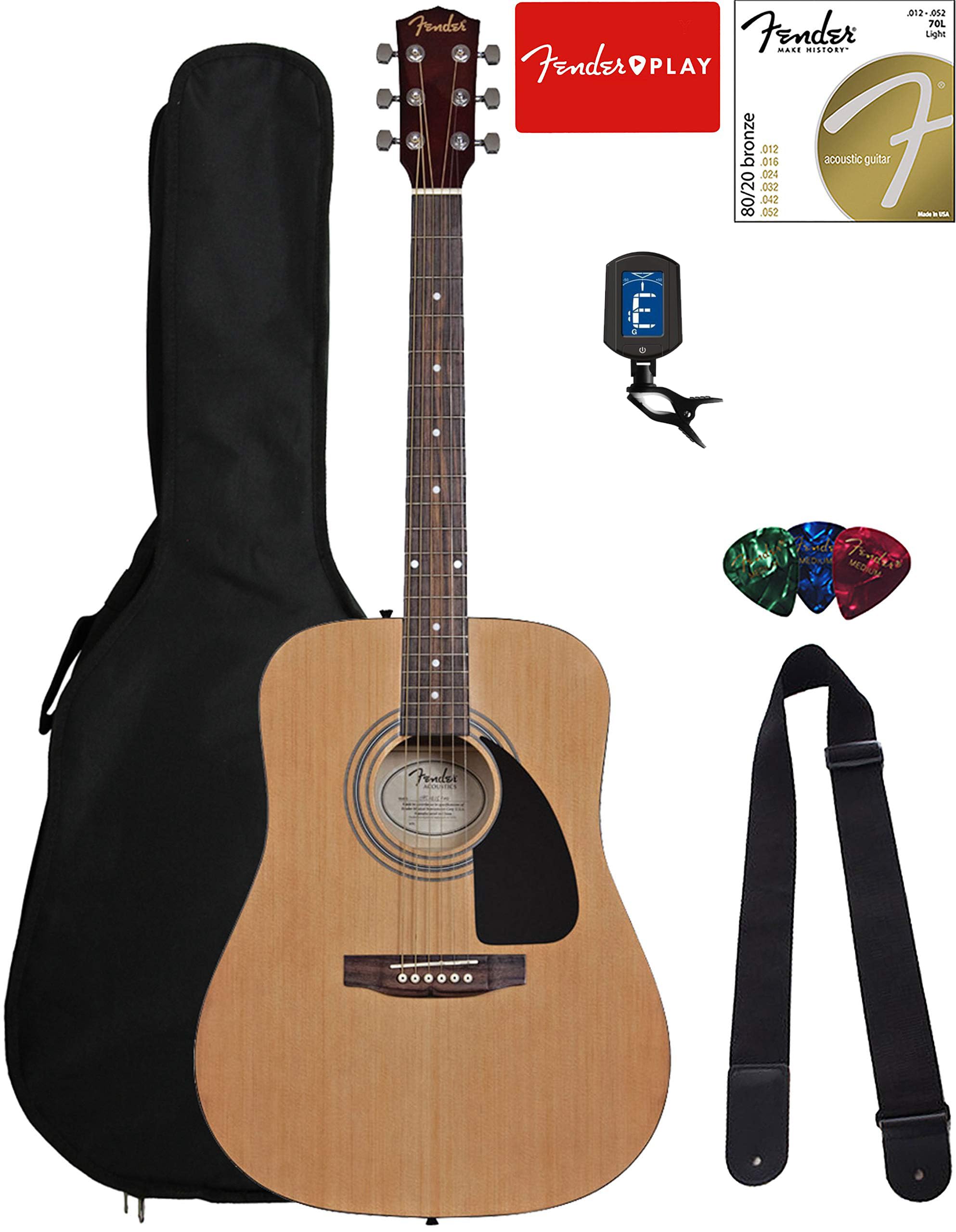 Fender FA-100 Dreadnought Acoustic Guitar Bundle - Natural Finish with Gig Bag, Tuner, Strings, Strap & Picks | Perfect for Beginners, Campfires & Live Performances