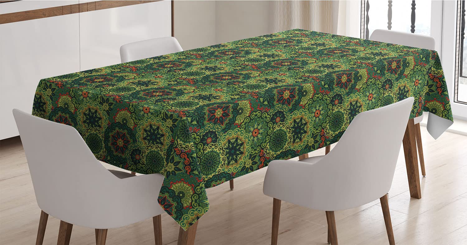 Ambesonne Mandala Tablecloth - Retro Round Floral Design, Rectangle Satin Table Cover for Dining Room & Kitchen, 52x70 Inches, Pale & Dark Green - Perfect for Boho Decor, Dinner Parties & Cultural Home Accents