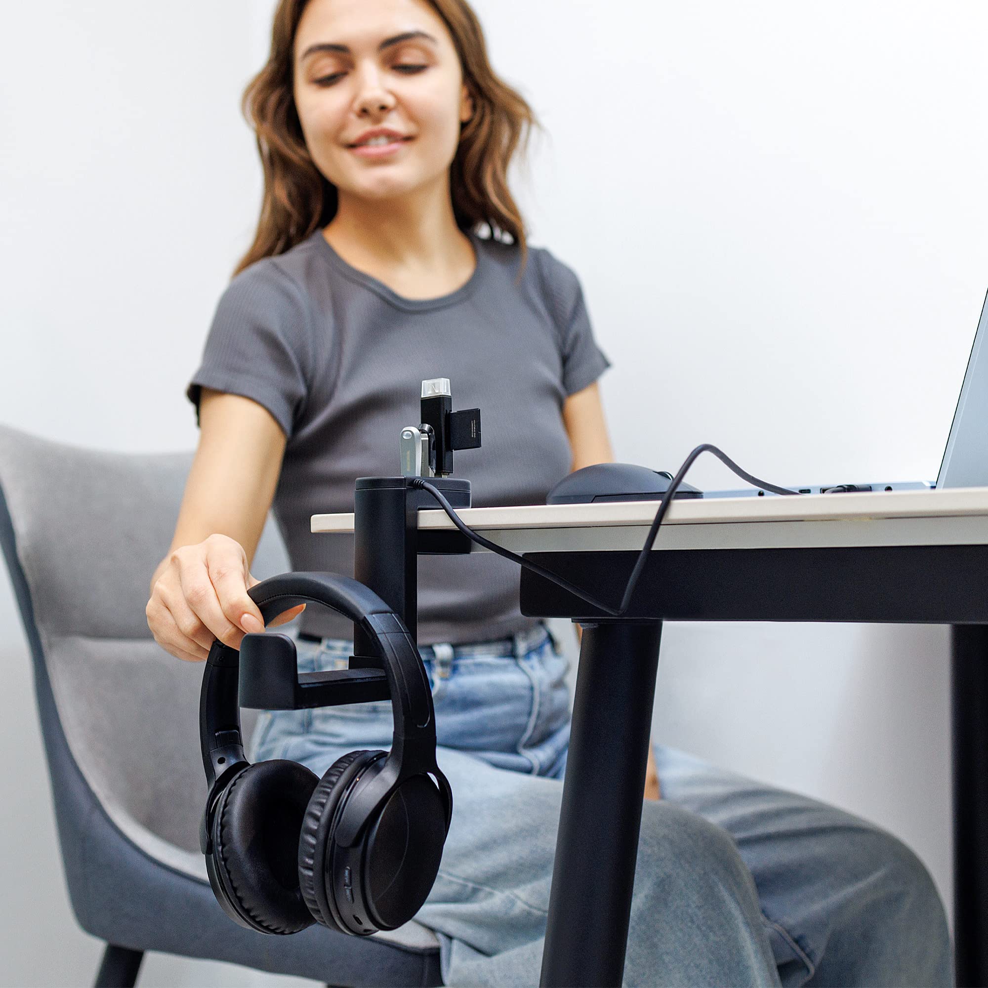 Kiorafoto 2-in-1 Under Desk Headphone Hook & 4-Port USB 3.0 Hub - 360° Rotating Gaming Headset Stand with High-Speed Data Transfer for PC, Laptop, and Multiple Devices | Perfect for Home Office, Gaming Setup, and Workspace Organization